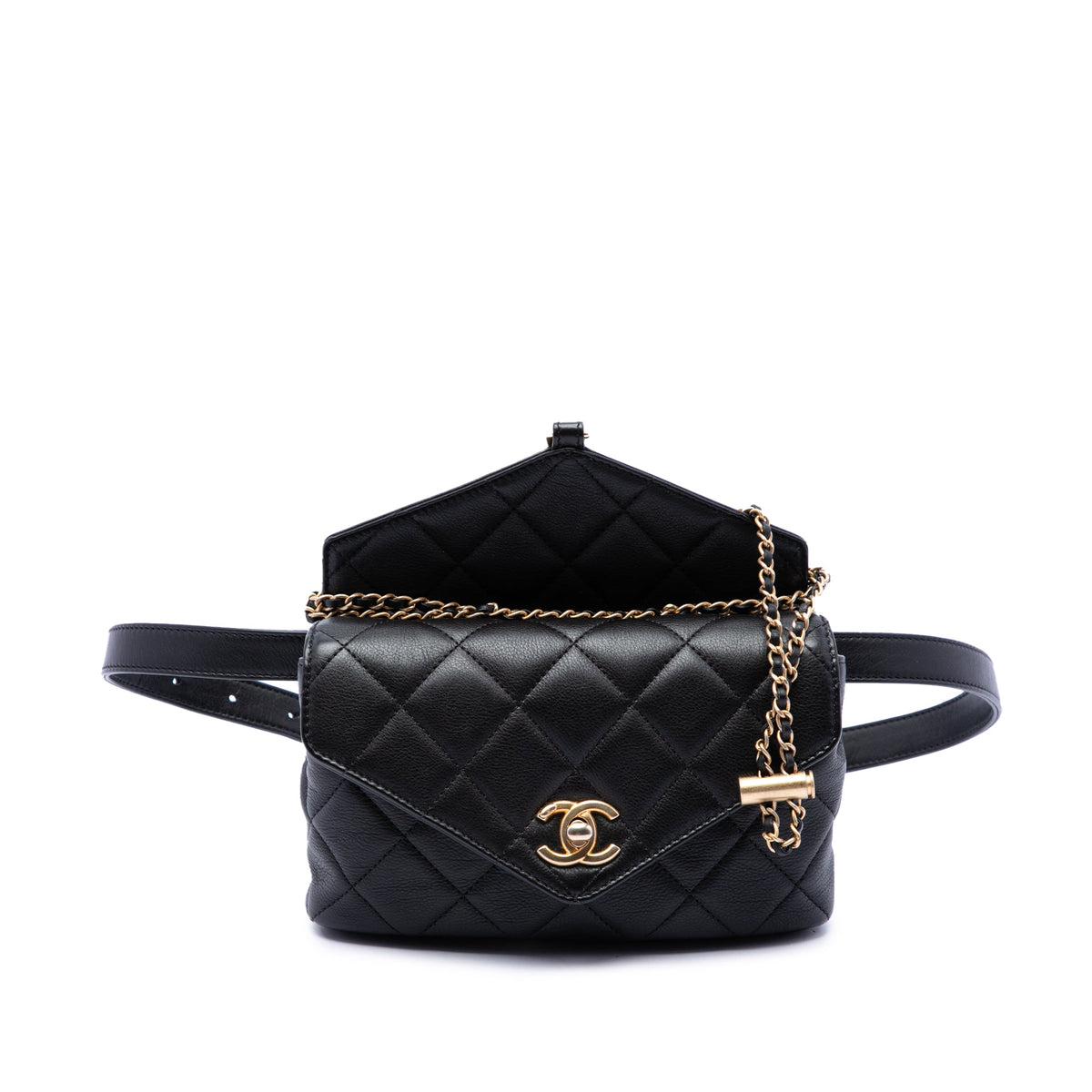 Chanel Quilted Calfskin Carry With Chic Flap Belt Bag with Chain — Black