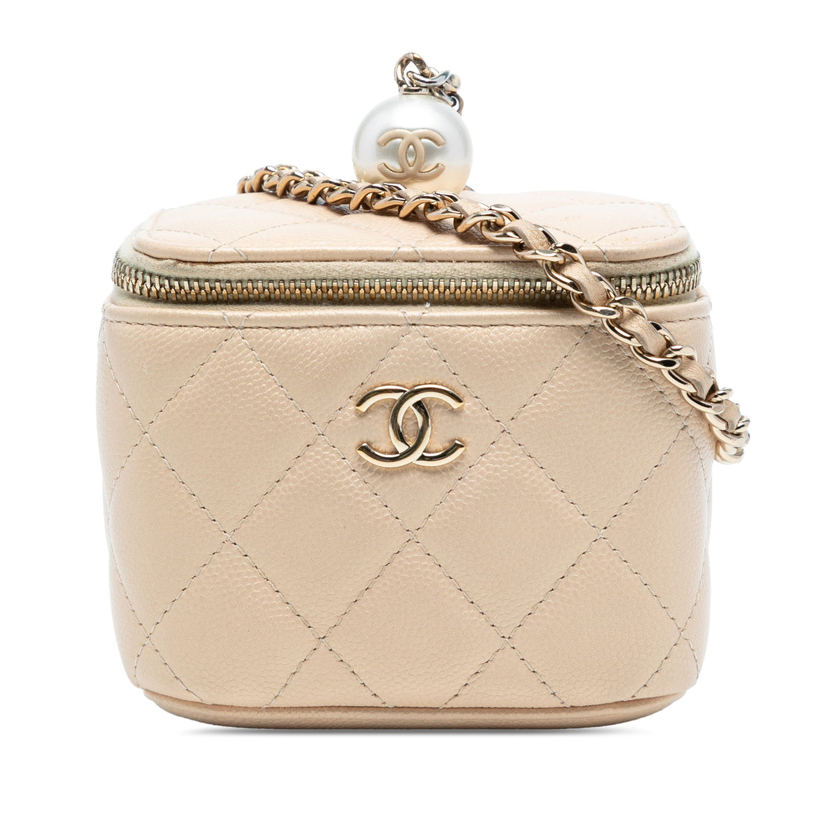 Chanel Mini Quilted Iridescent Caviar Pearl On Top Vanity Case With Chain — Beige