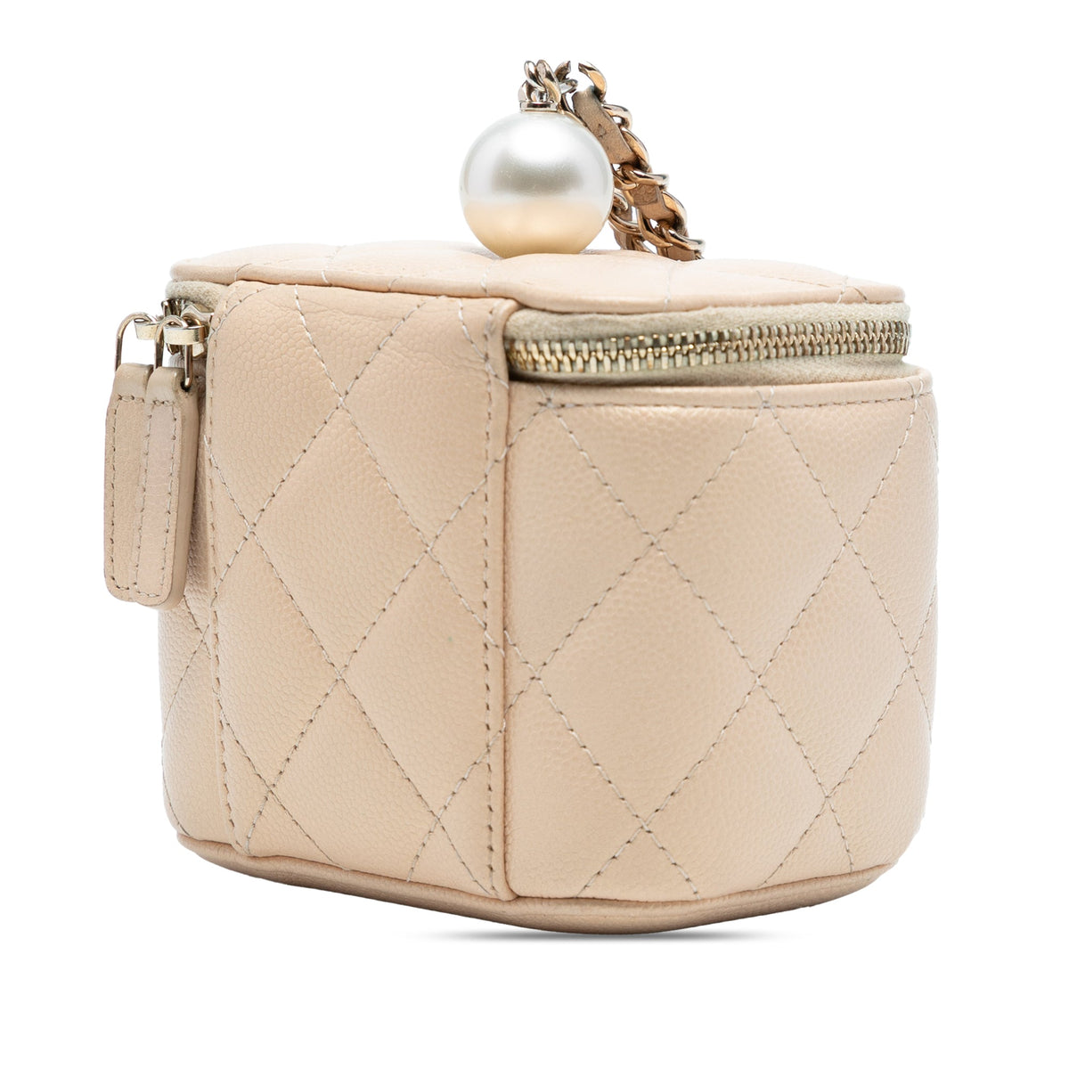 Chanel Mini Quilted Iridescent Caviar Pearl On Top Vanity Case With Chain — Beige