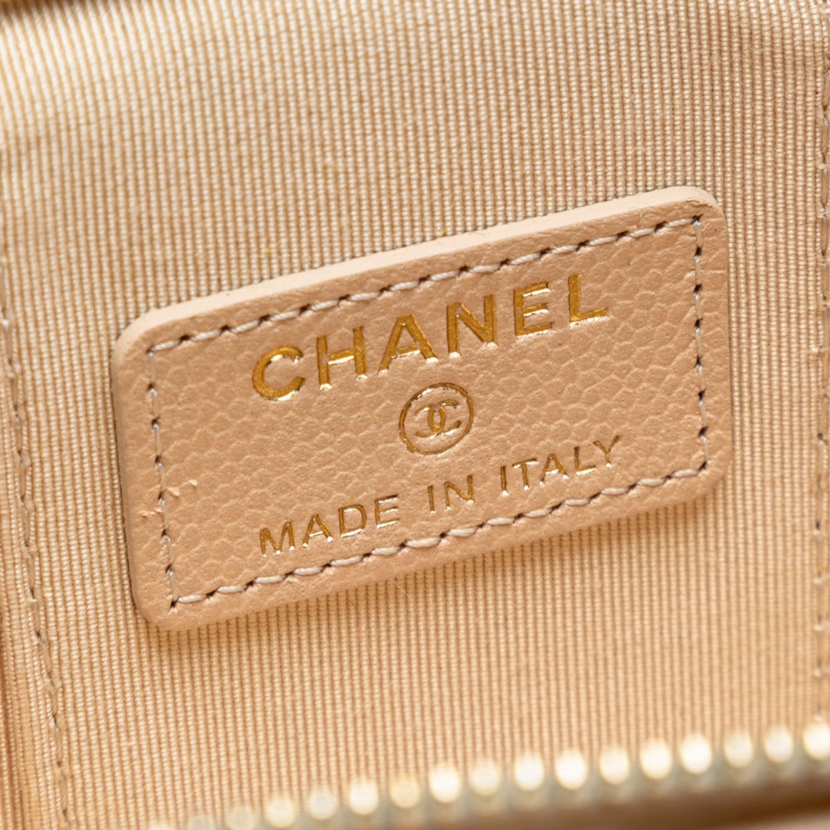 Chanel Mini Quilted Iridescent Caviar Pearl On Top Vanity Case With Chain — Beige