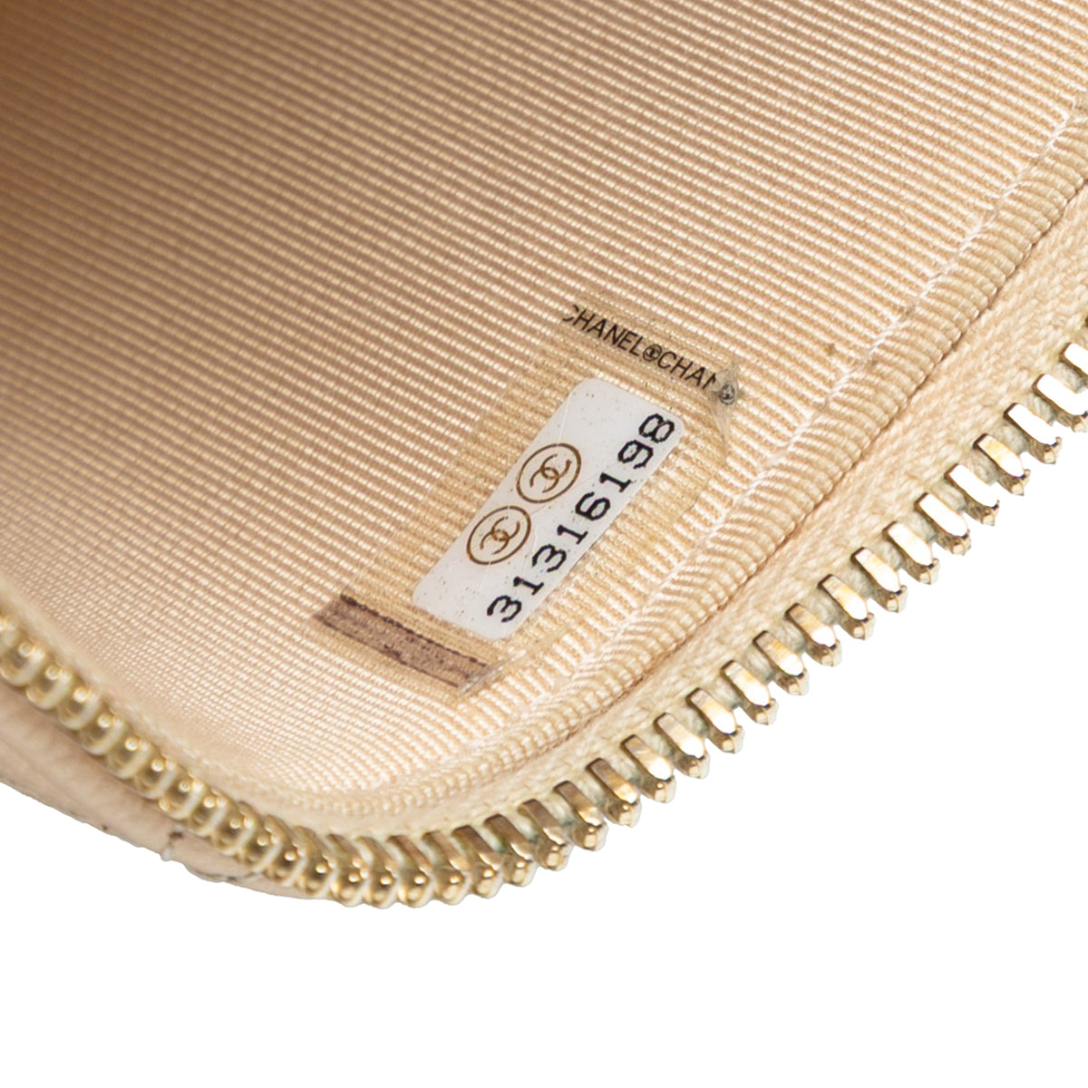 Chanel Mini Quilted Iridescent Caviar Pearl On Top Vanity Case With Chain — Beige