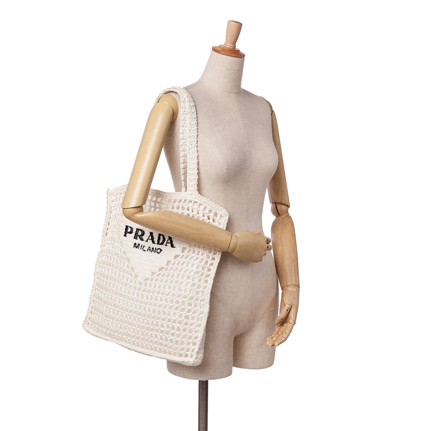 Prada Raffia Effect Crochet Logo Embroidered Tote