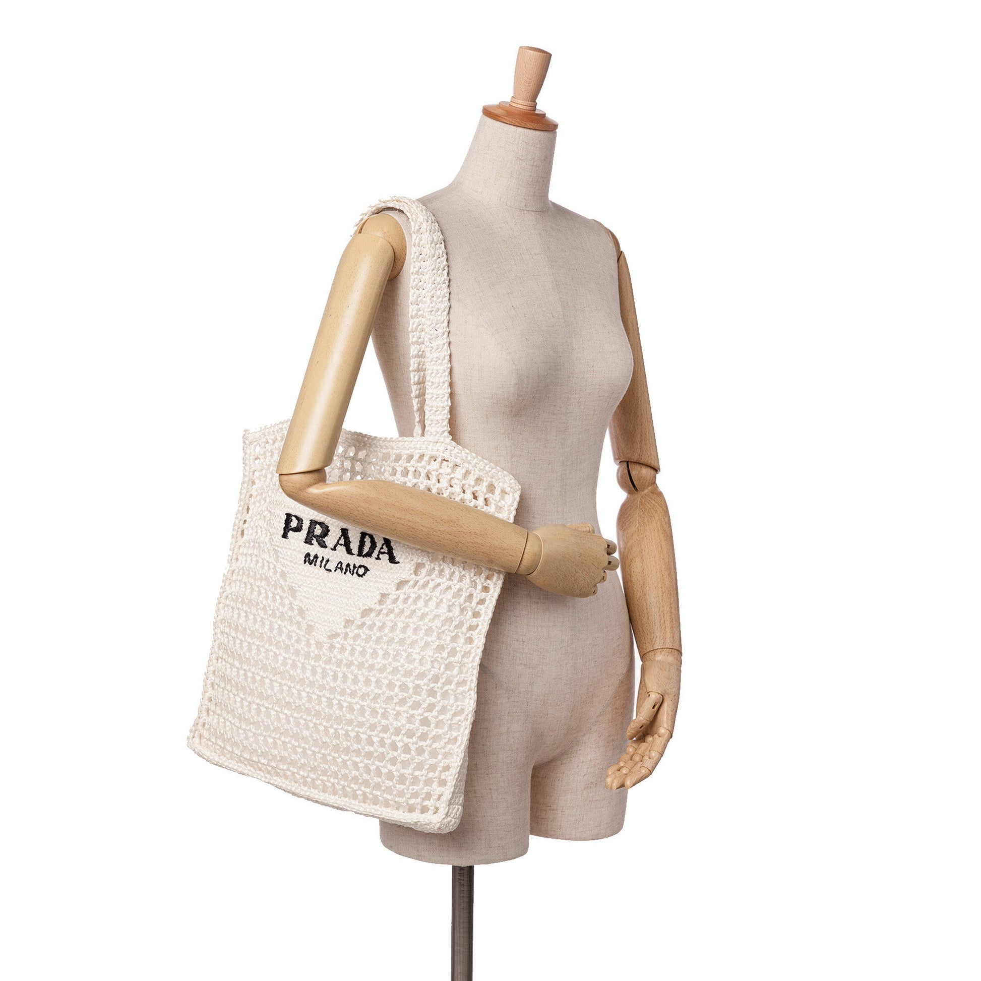 Prada Raffia Effect Crochet Logo Embroidered Tote
