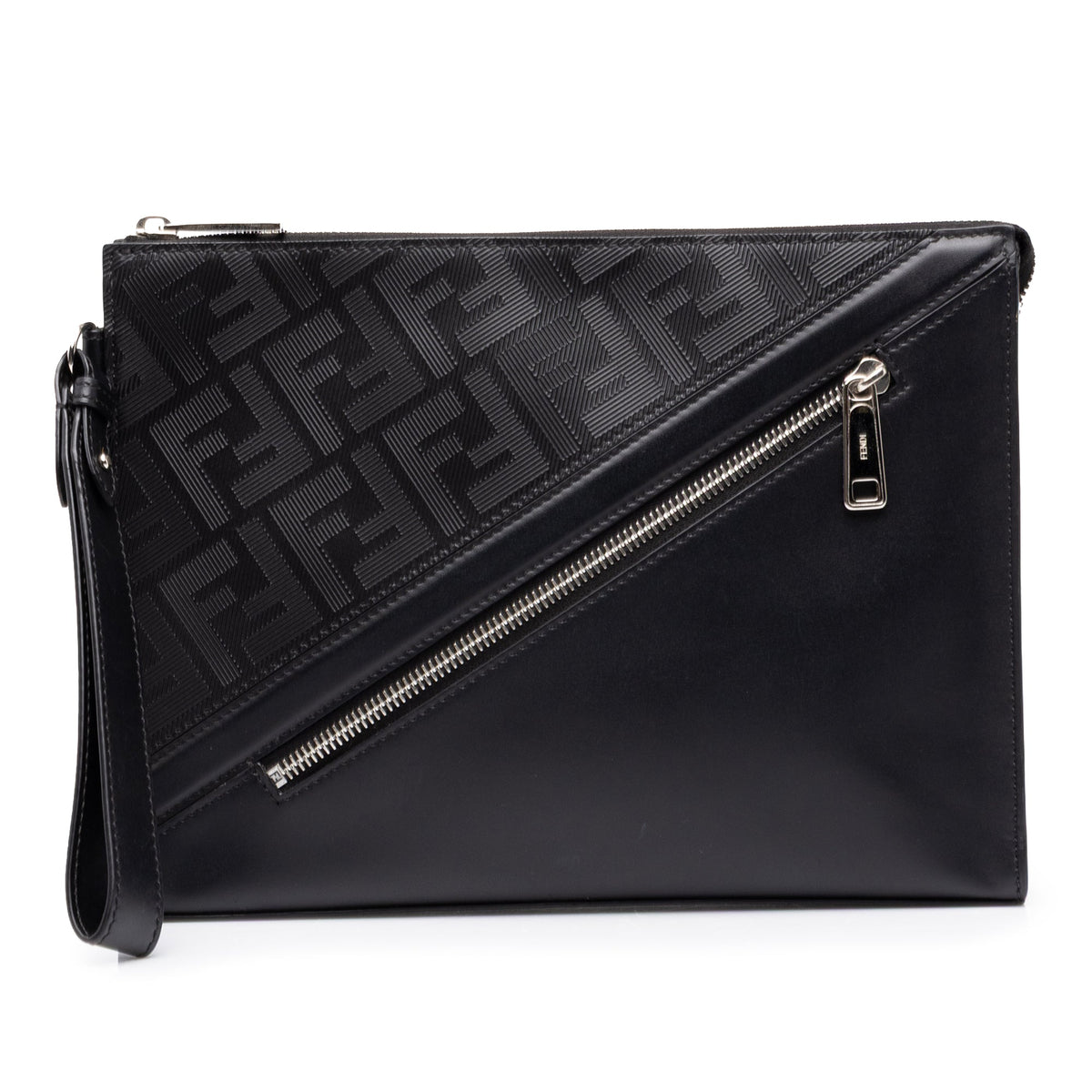 Fendi Zucca Shadow Calfskin Diagonal Front Zip Clutch — Black