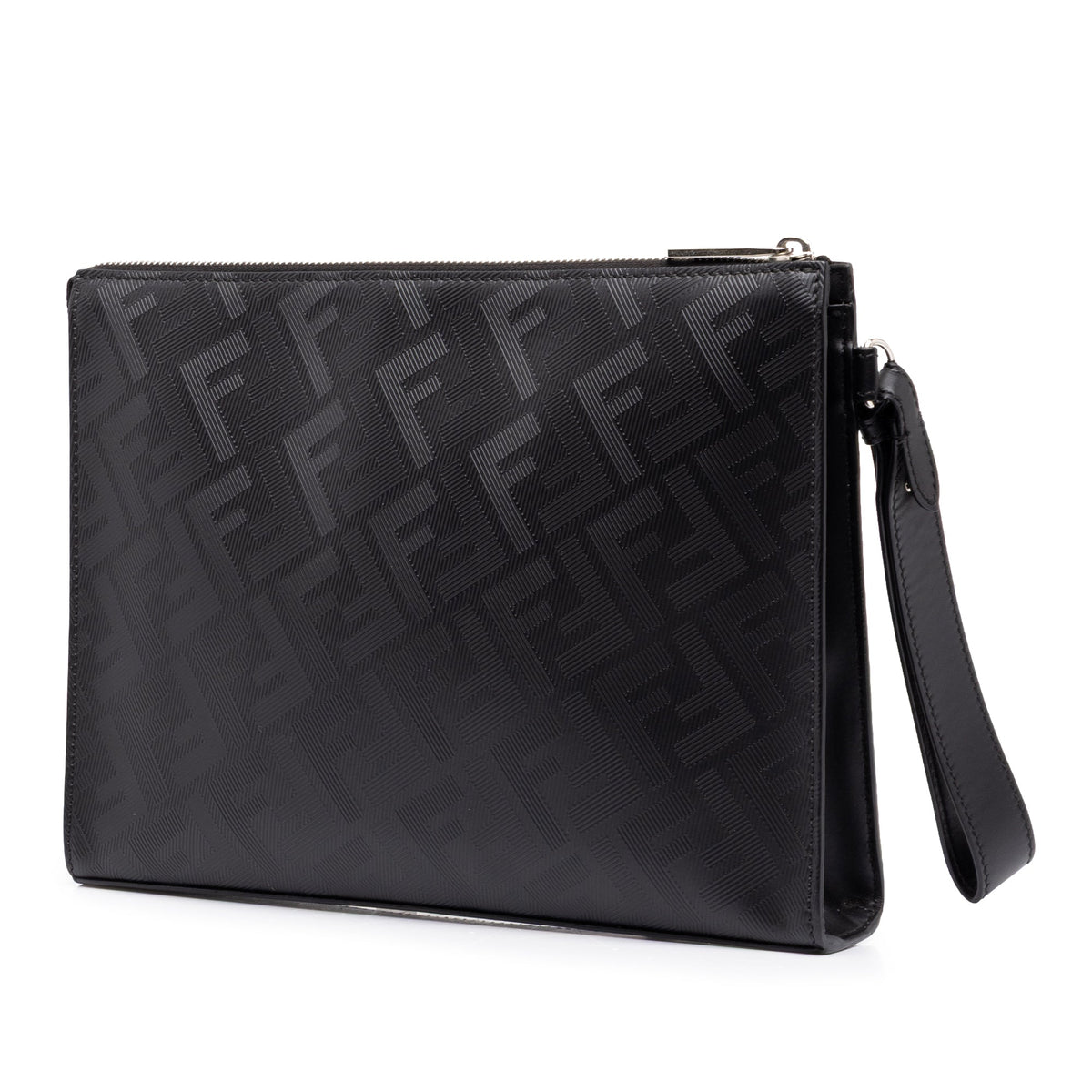 Fendi Zucca Shadow Calfskin Diagonal Front Zip Clutch — Black