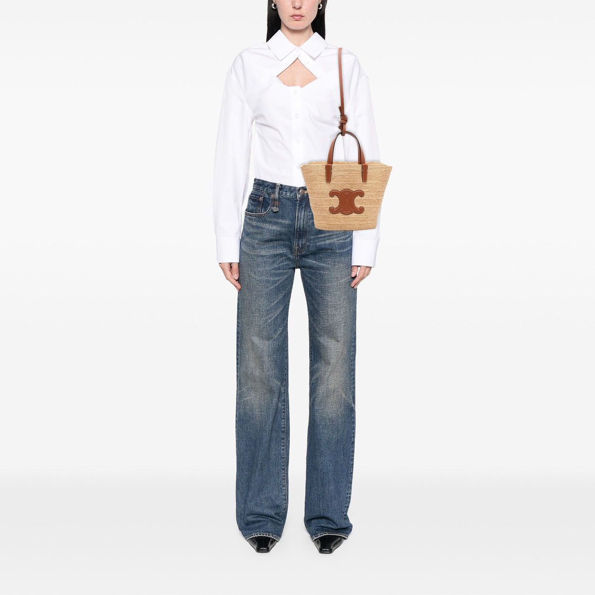 Celine Teen Supple Raffia Cuir Triomphe Classic Panier Tote