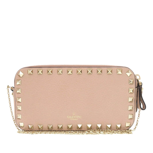 Valentino Pebbled Calfskin Rockstud Double Zip Chain Pouch