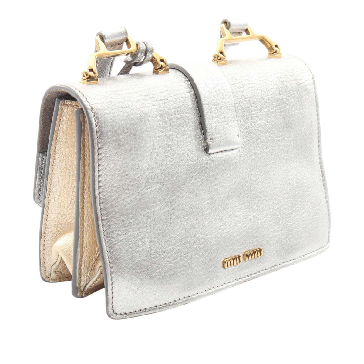 Miu Miu Metallic Goatskin Madras Crossbody — Silver