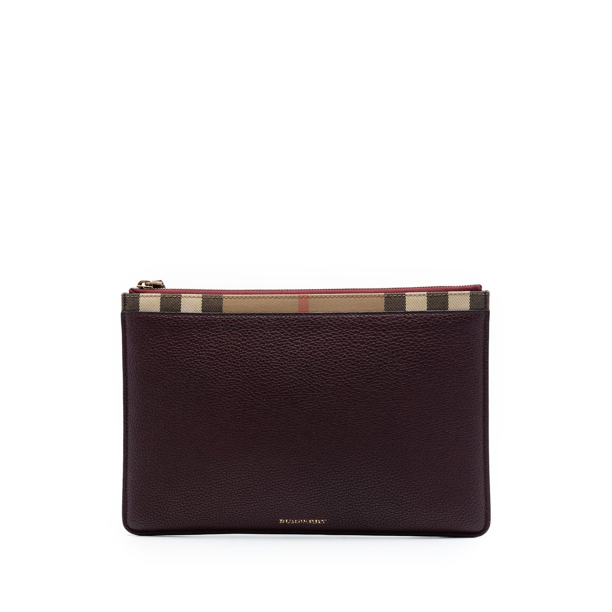 Burberry House Check Canvas Trimmed Grained Calfskin Zip Pouch
