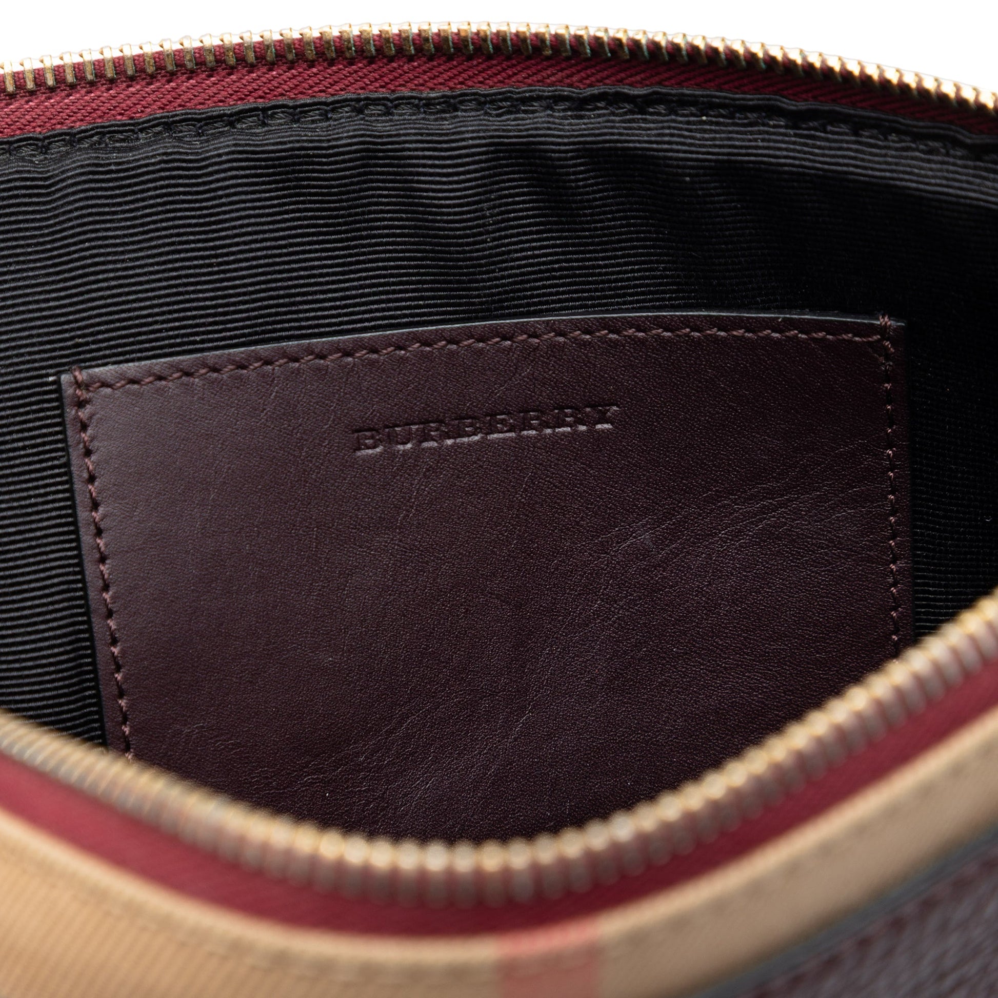 Burberry House Check Canvas Trimmed Grained Calfskin Zip Pouch