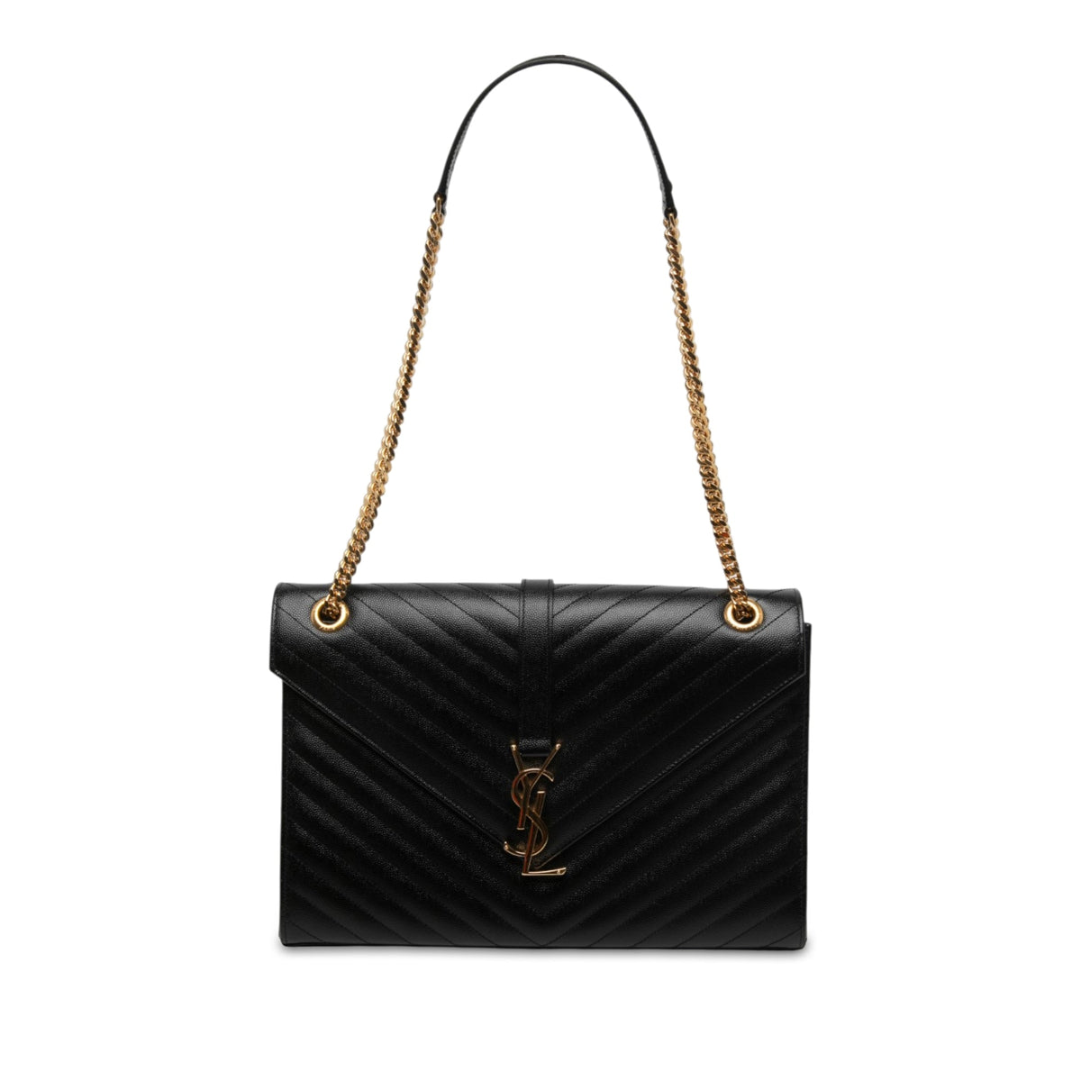 Saint Laurent Large Chevron Grain de Poudre Monogram Envelope Bag — Black