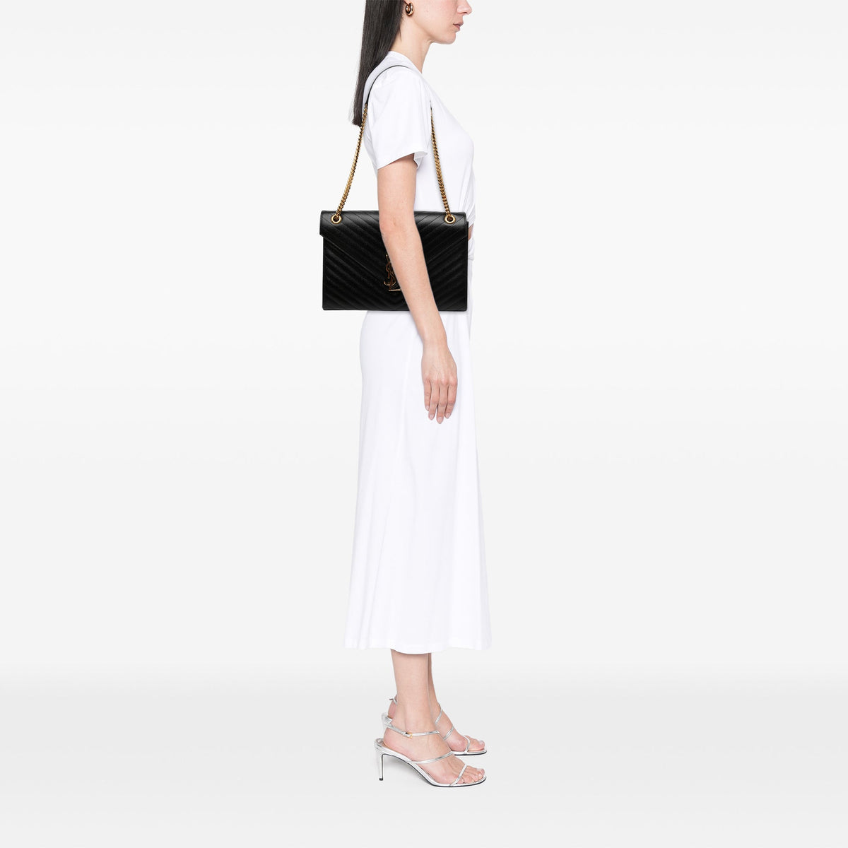 Saint Laurent Large Chevron Grain de Poudre Monogram Envelope Bag — Black