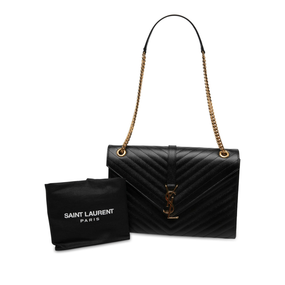 Saint Laurent Large Chevron Grain de Poudre Monogram Envelope Bag — Black