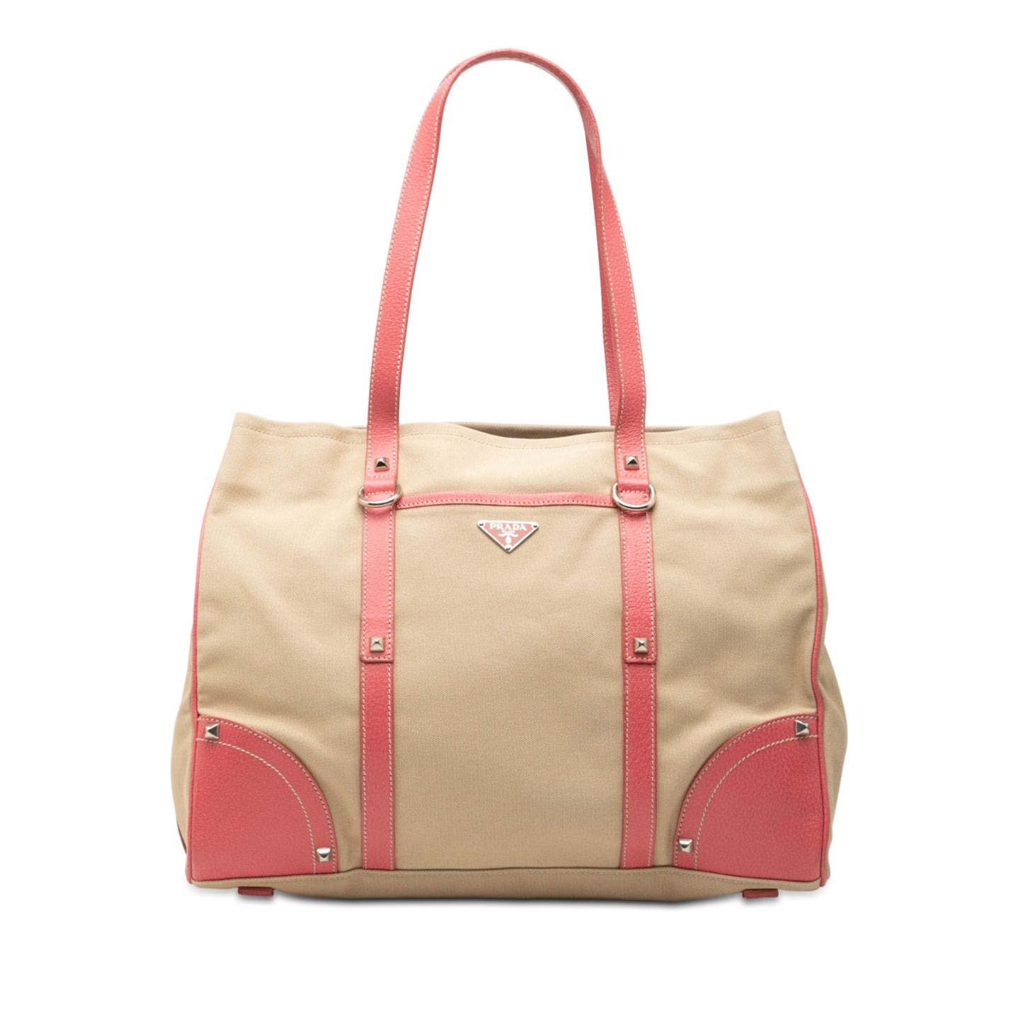 Prada Studded Leather Trimmed Canvas Front Pocket Tote