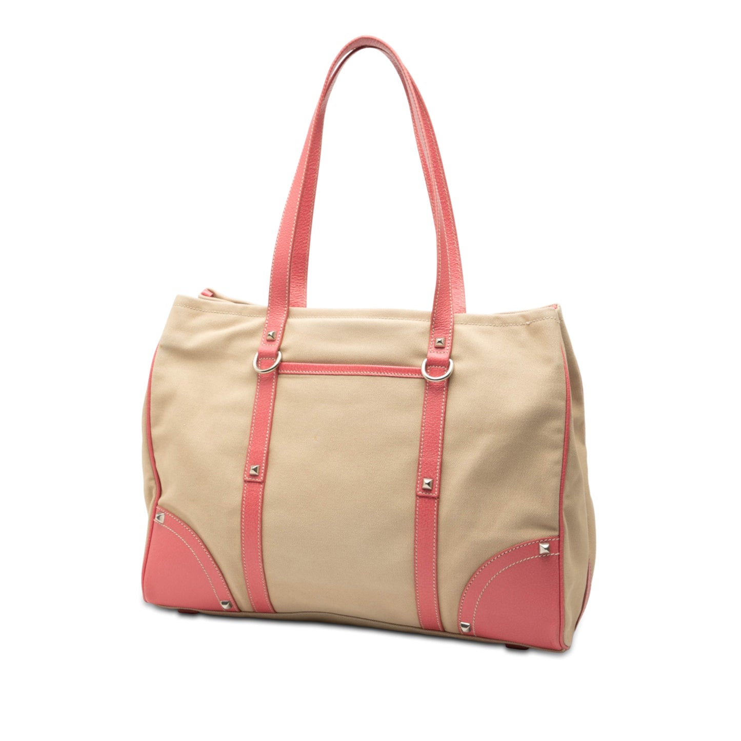 Prada Studded Leather Trimmed Canvas Front Pocket Tote