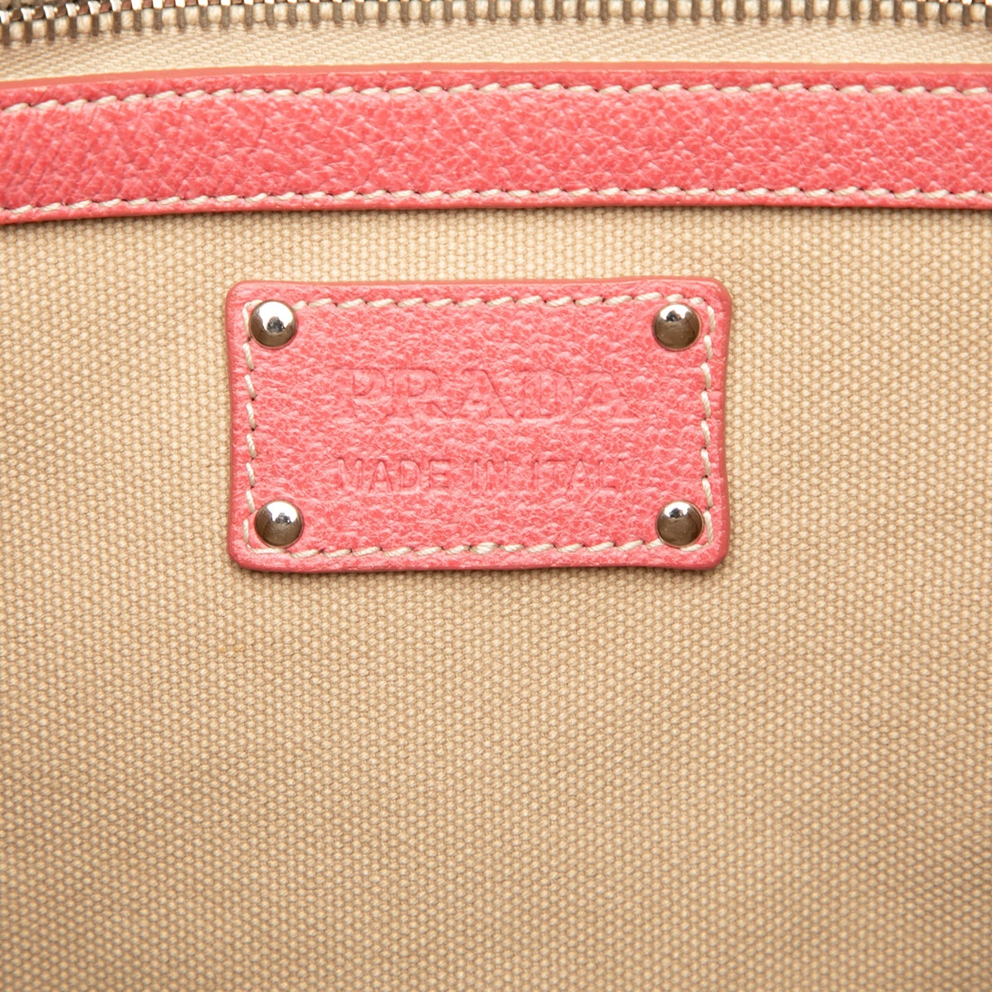 Prada Studded Leather Trimmed Canvas Front Pocket Tote