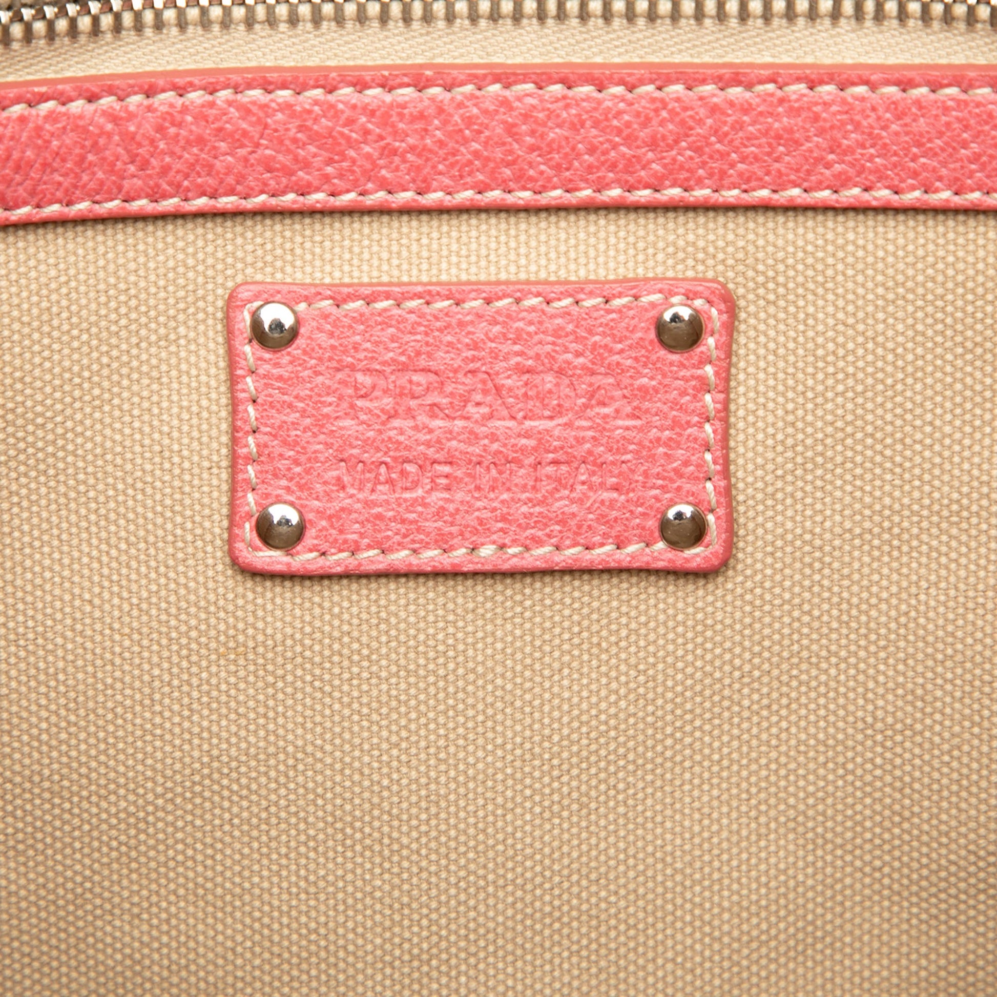 Prada Studded Leather Trimmed Canvas Front Pocket Tote