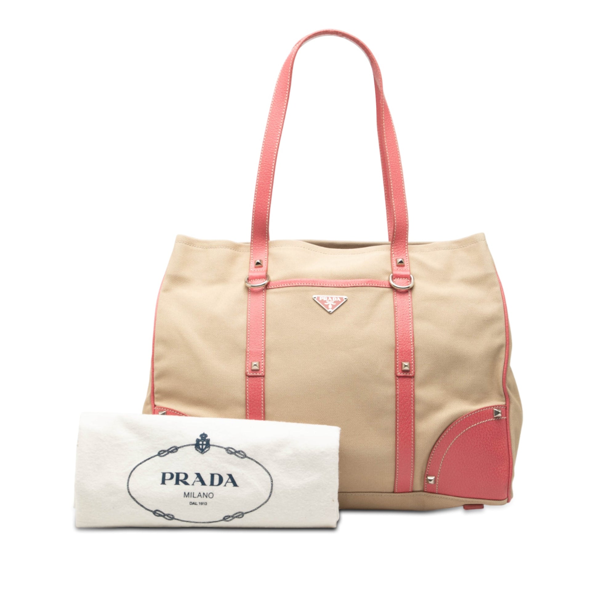 Prada Studded Leather Trimmed Canvas Front Pocket Tote