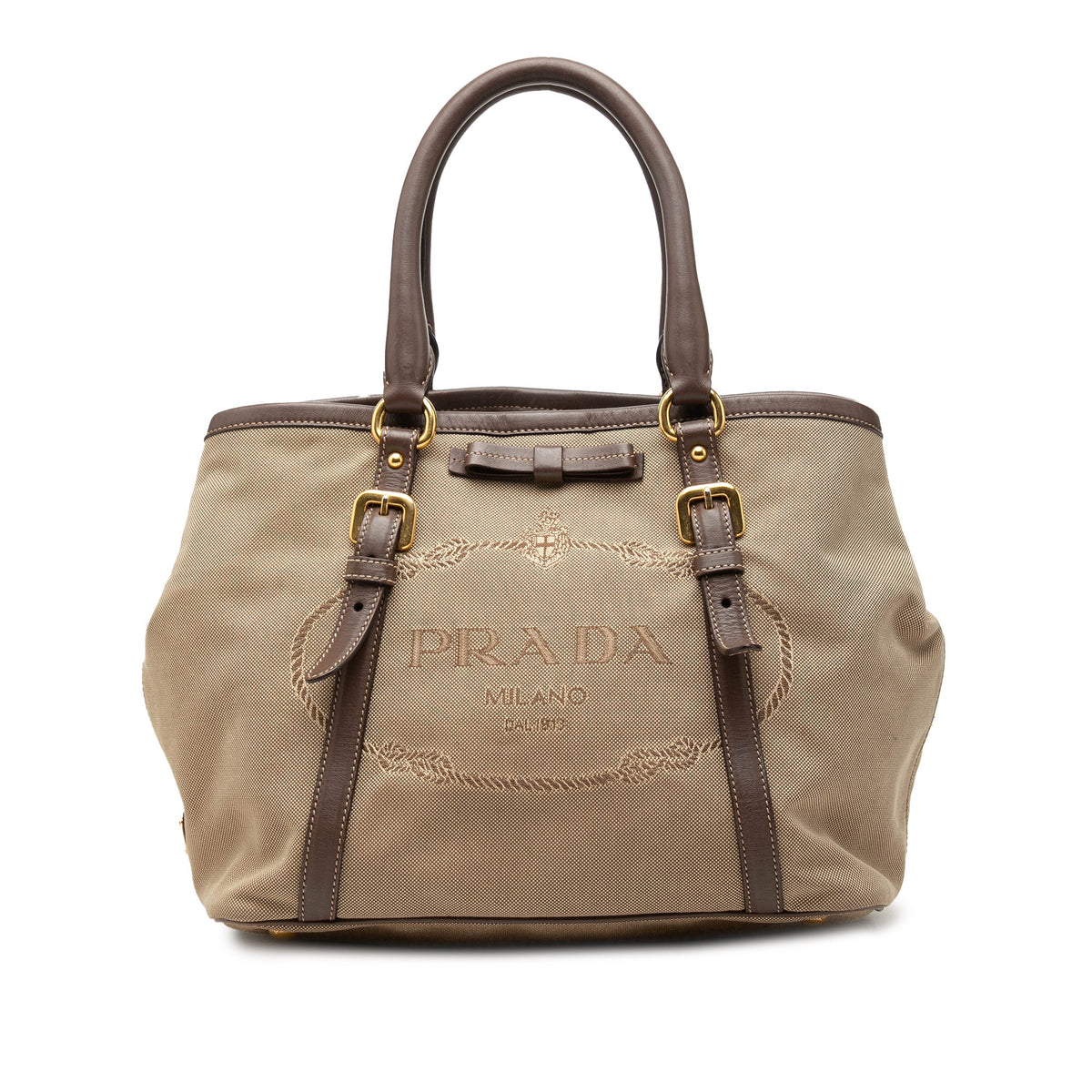 Prada Canvas Canapa Logo Bow Satchel — Beige
