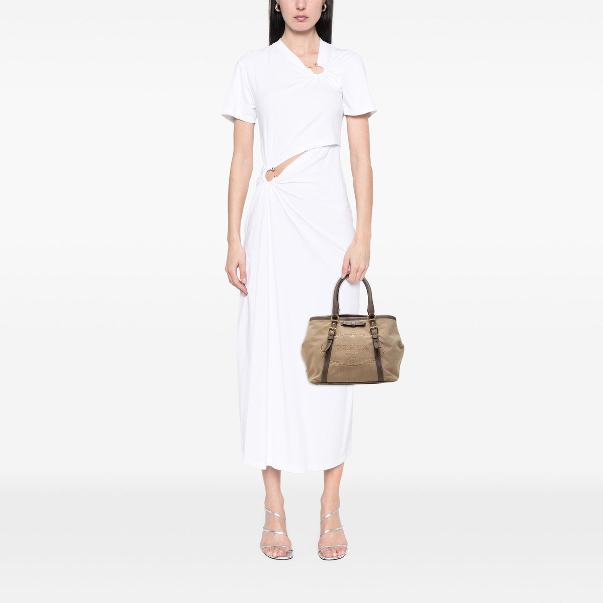 Prada Canvas Canapa Logo Bow Satchel — Beige