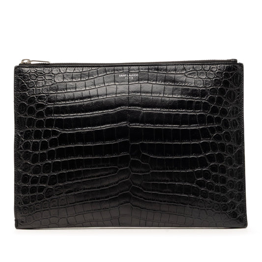 Saint Laurent Crocodile Embossed Leather Zipped Tablet Holder