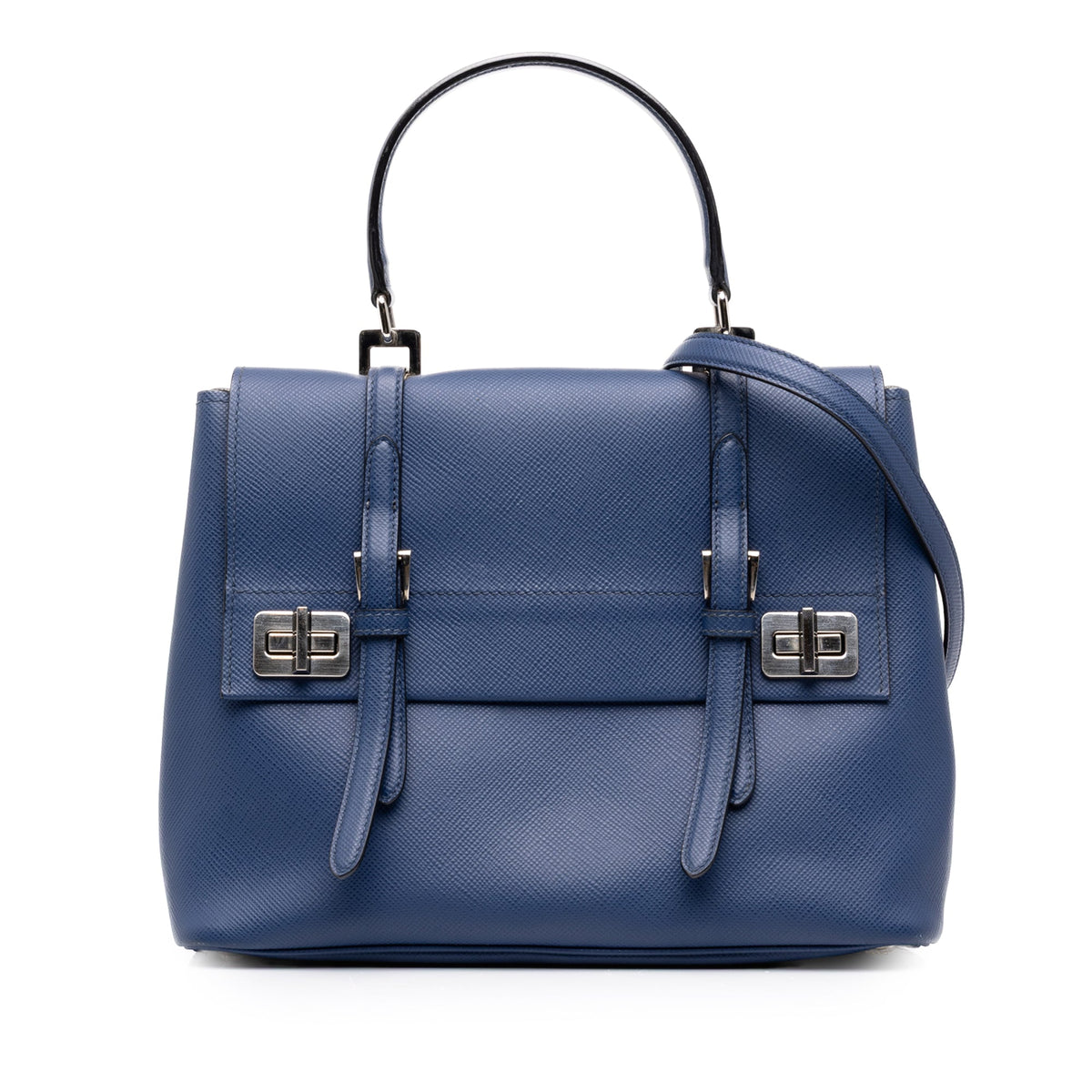 Prada Medium Saffiano Cuir Double Turnlock Satchel — Blue
