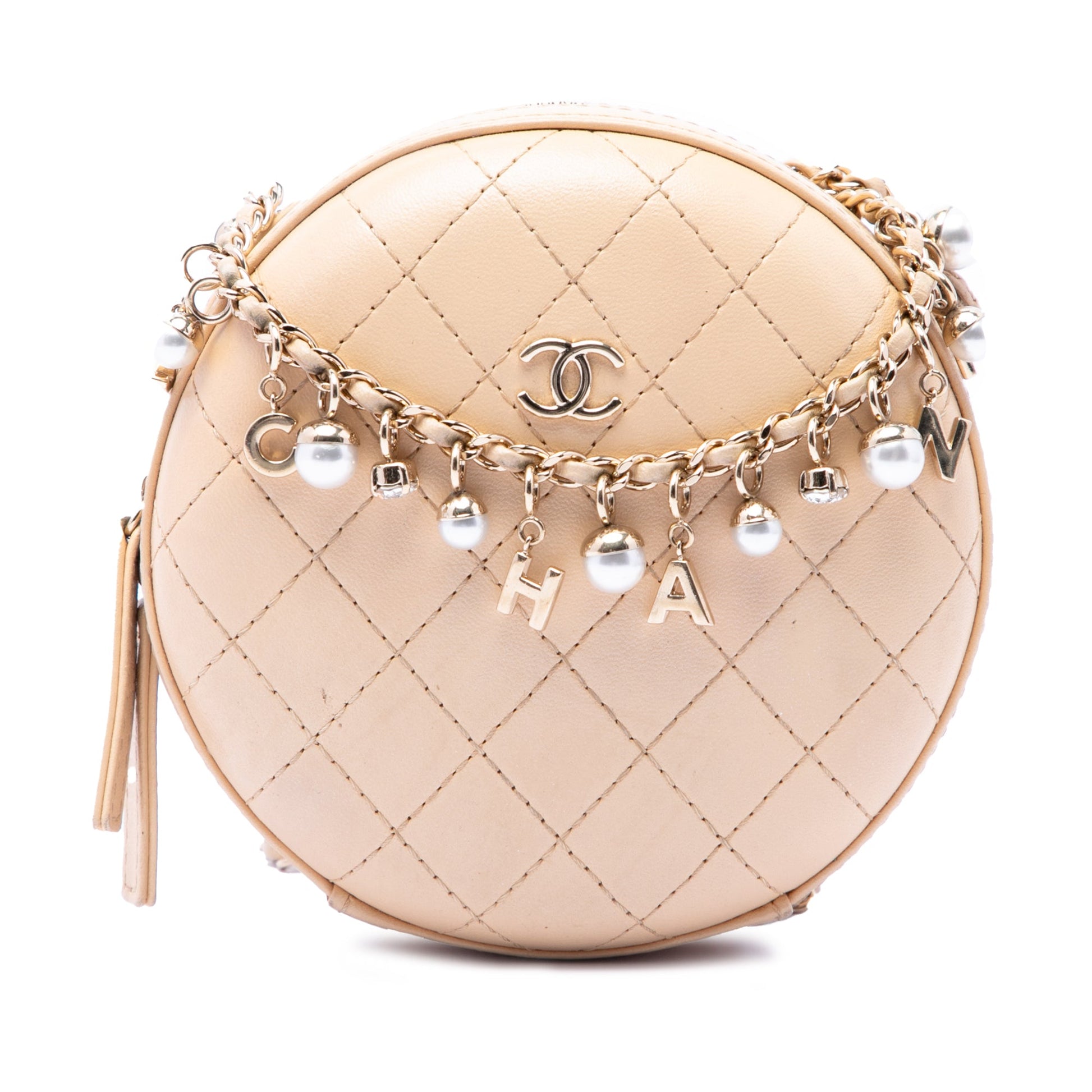 Chanel Stitched Calfskin Logo Strass and Pearl Chain Round Crossbody