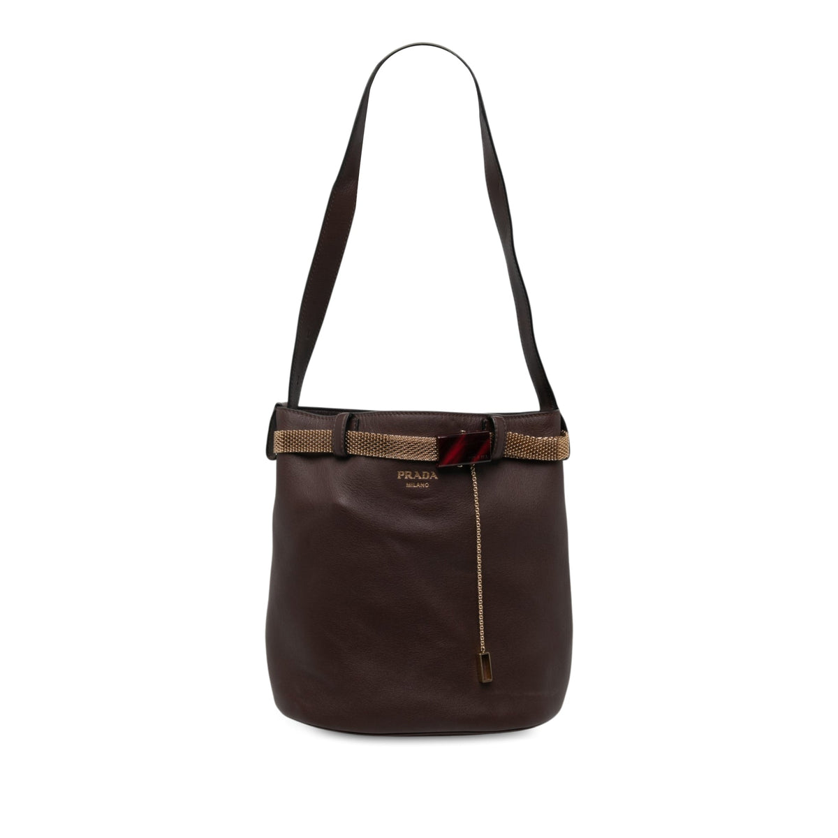 Prada Calfskin Jeweled Belted Bucket Bag — Brown