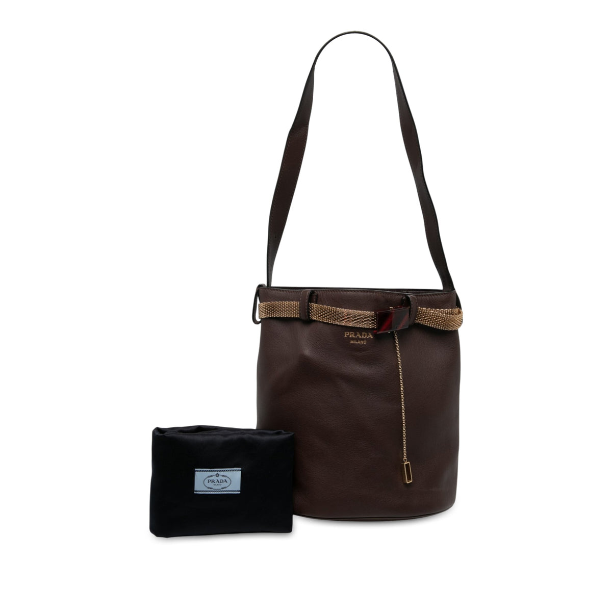 Prada Calfskin Jeweled Belted Bucket Bag — Brown
