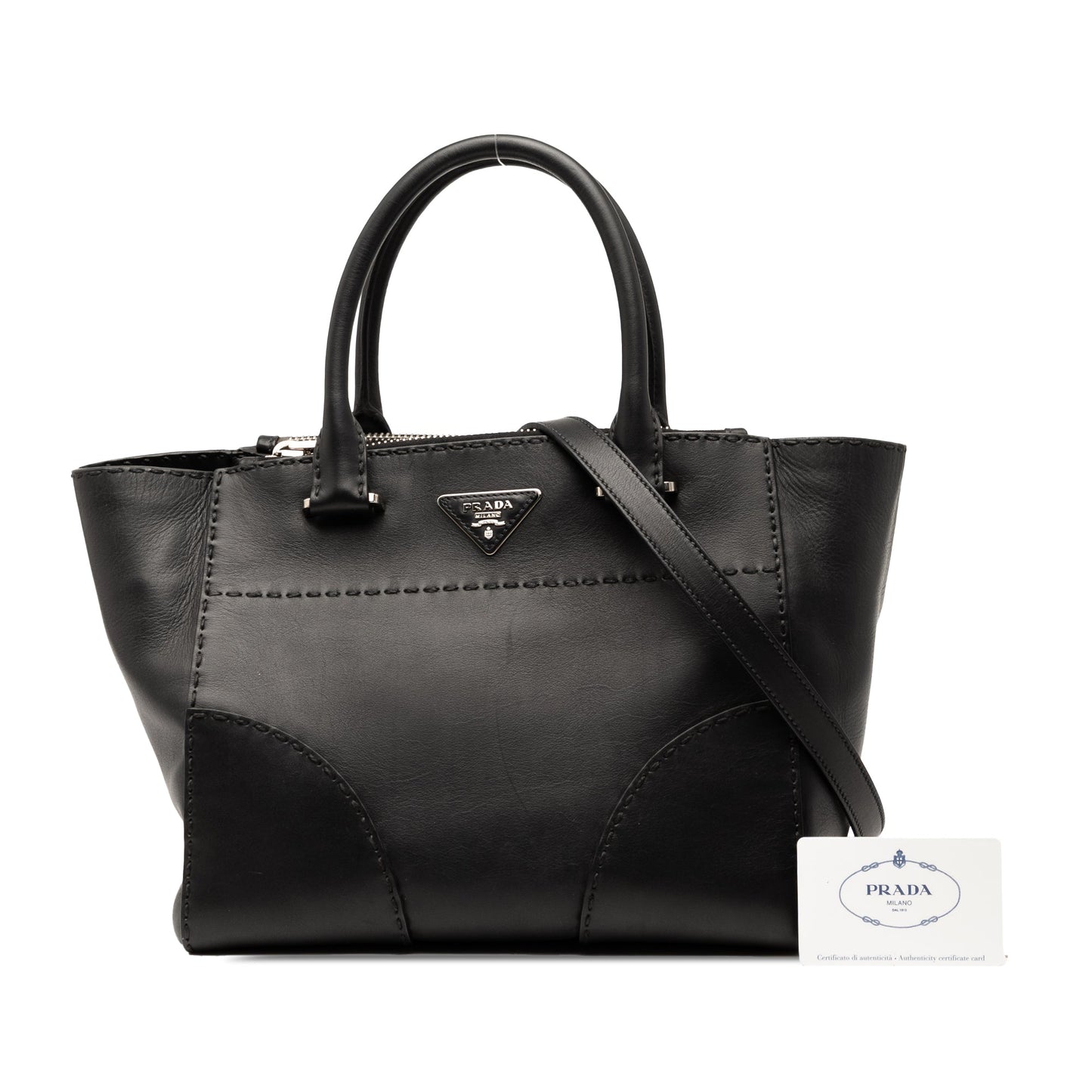 Prada Small City Calf Stitched Twin Pocket Satchel