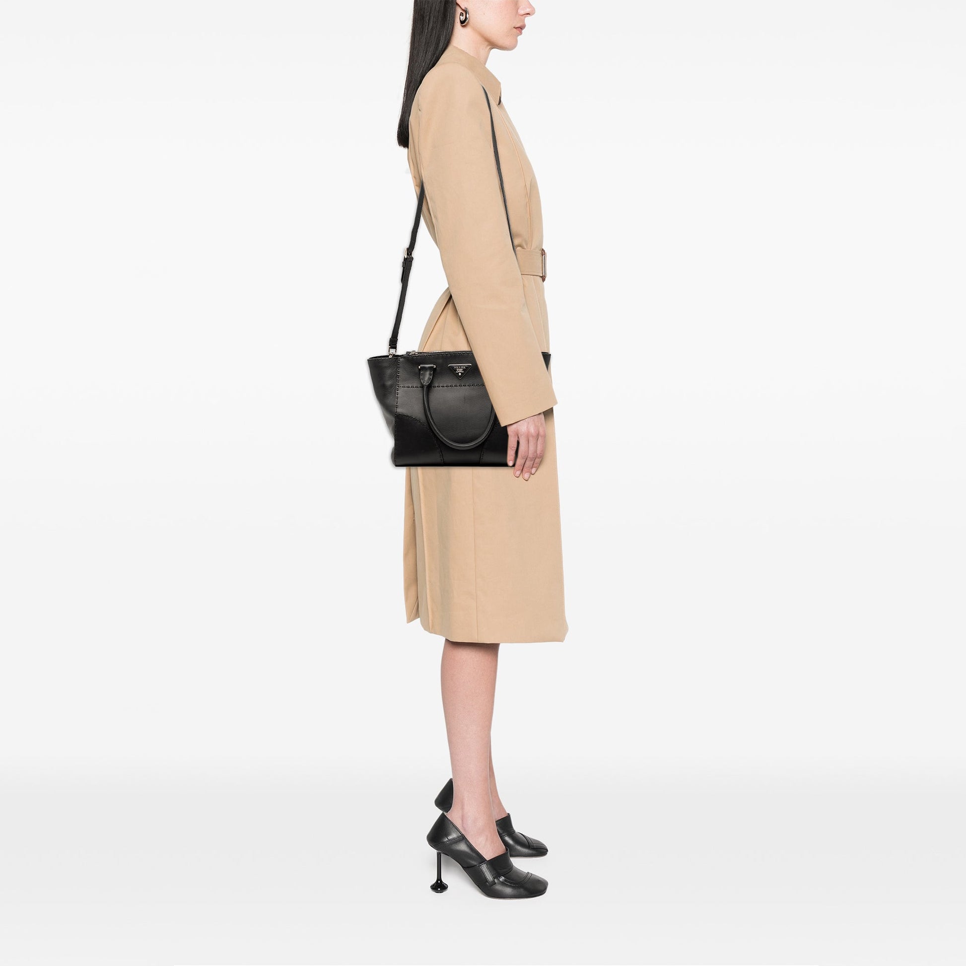 Prada Small City Calf Stitched Twin Pocket Satchel