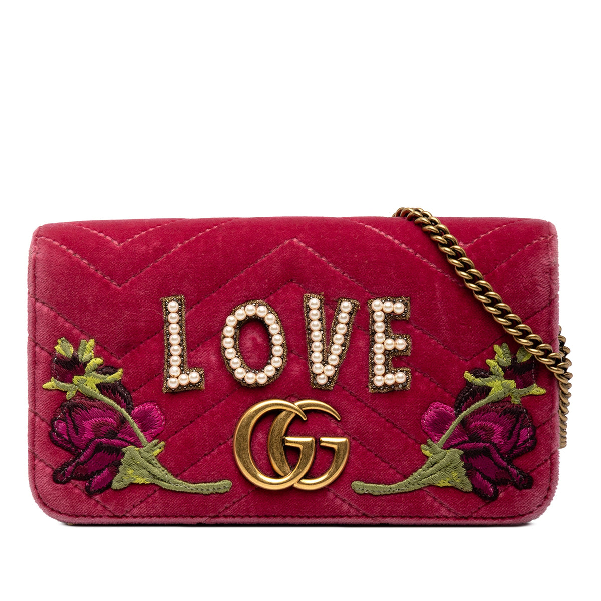 Gucci Mini GG Marmont Embroidered Matelasse Velvet Love Wallet On Chain