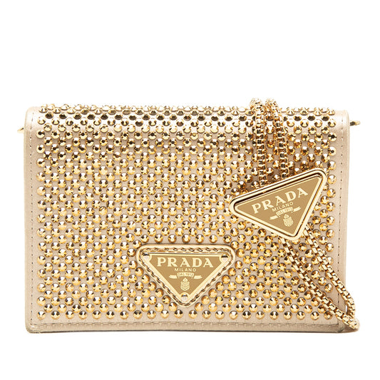 Prada Crystal Embellished Satin Card Holder with Chain