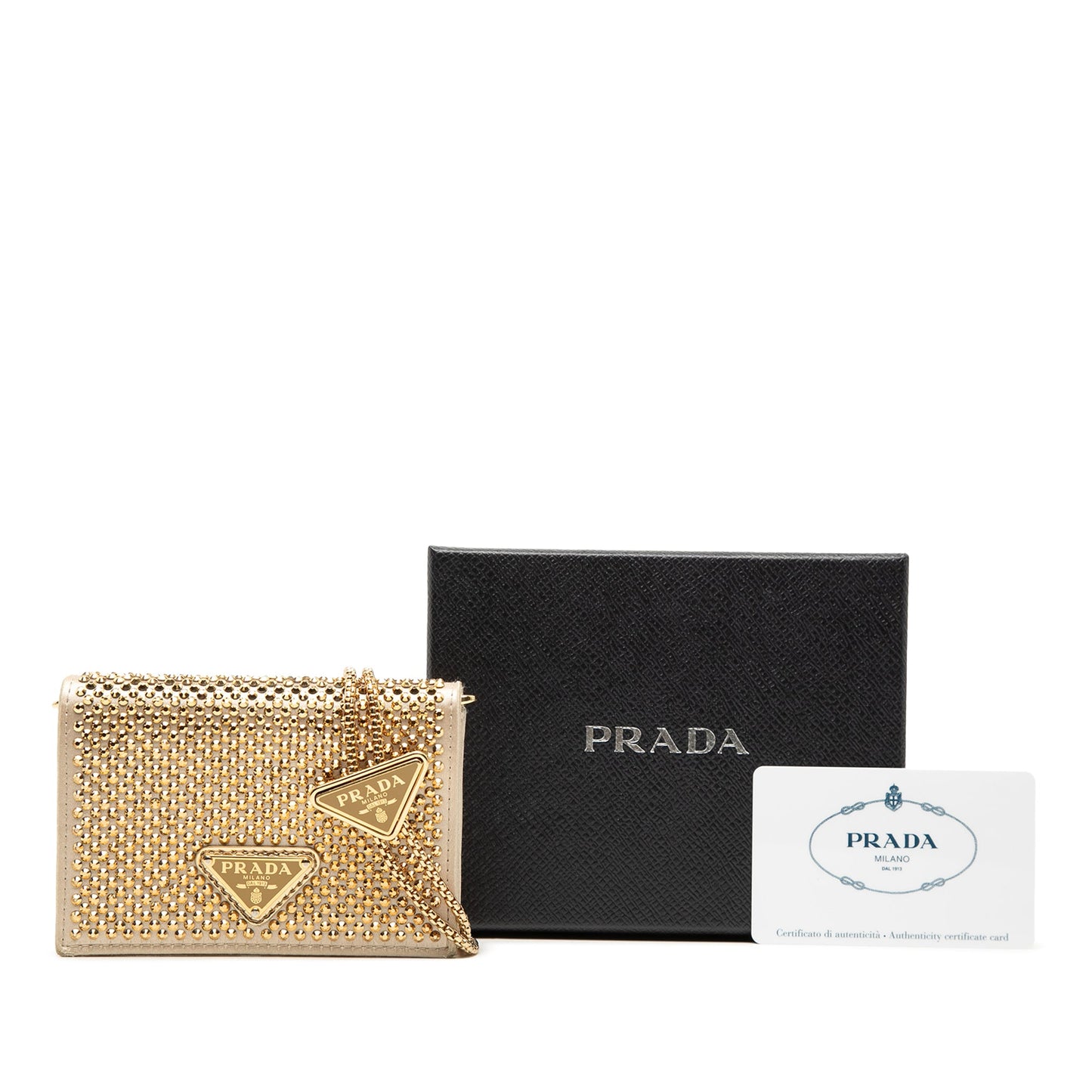 Prada Crystal Embellished Satin Card Holder with Chain