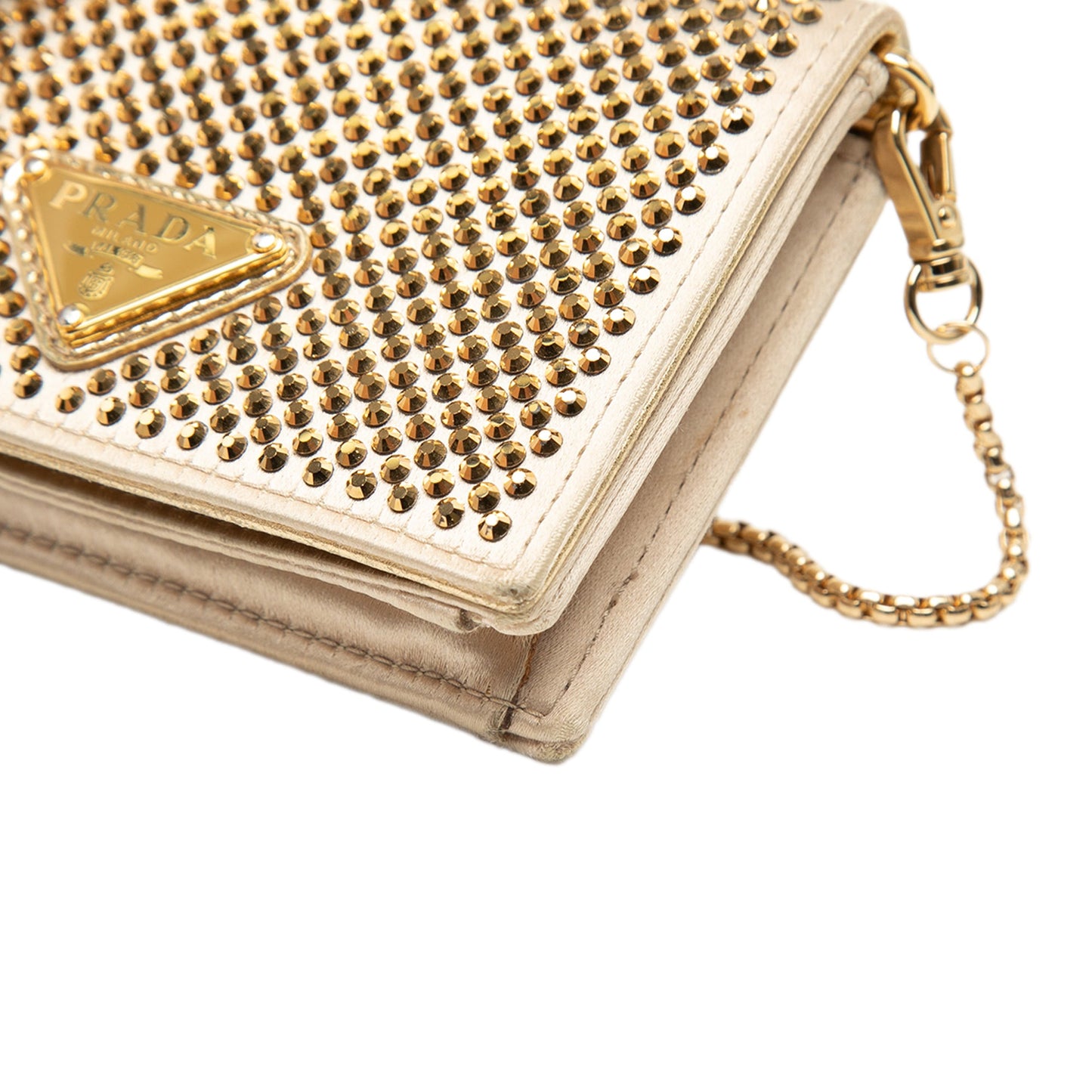 Prada Crystal Embellished Satin Card Holder with Chain