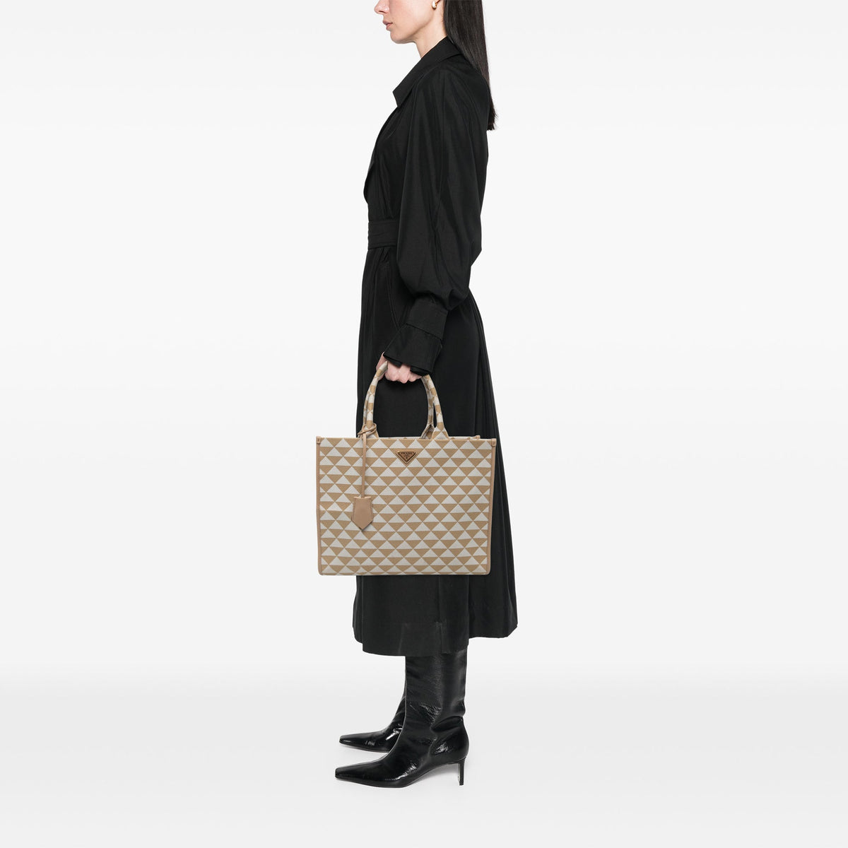 Prada Large Triangolo Jacquard Symbole Tote — Beige