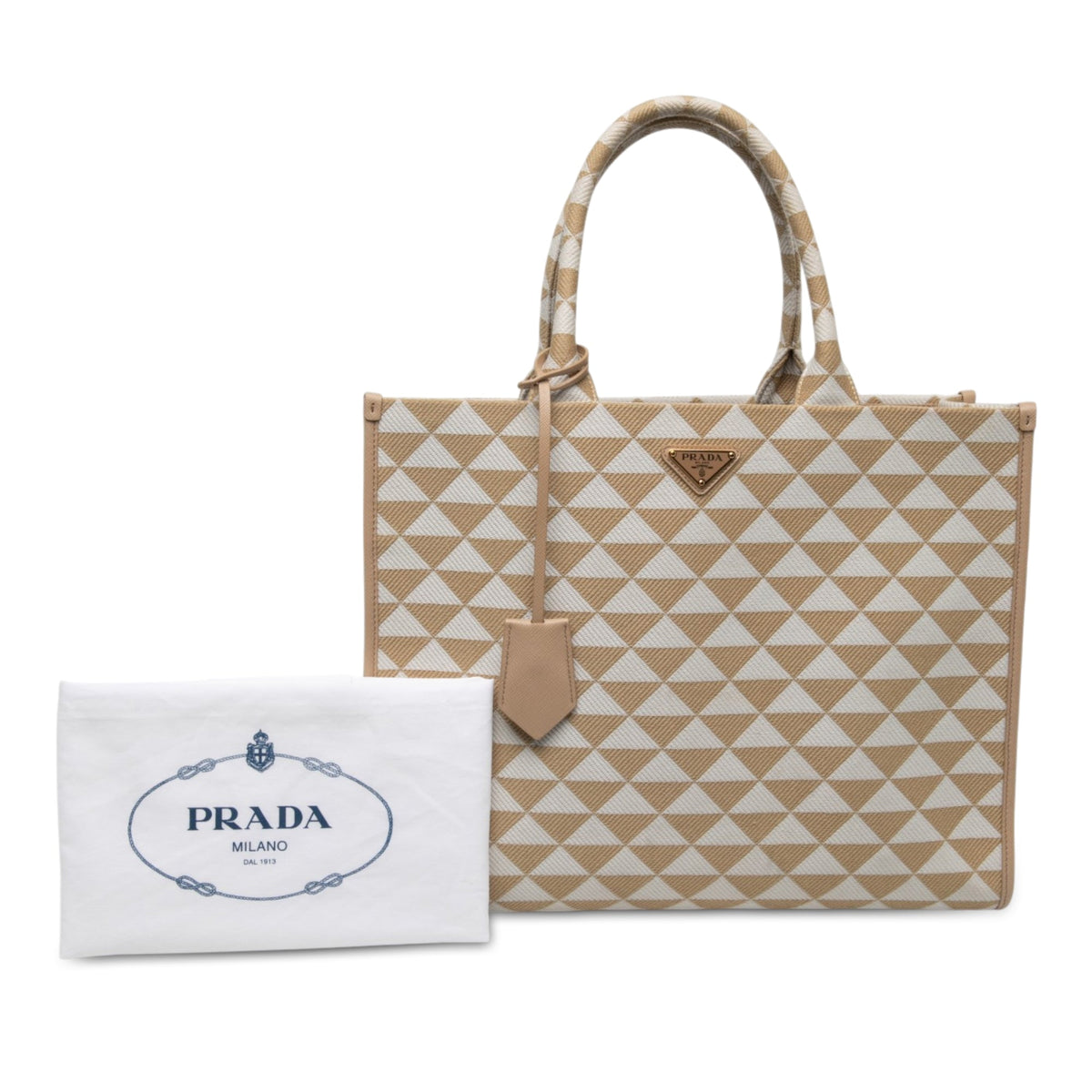 Prada Large Triangolo Jacquard Symbole Tote — Beige