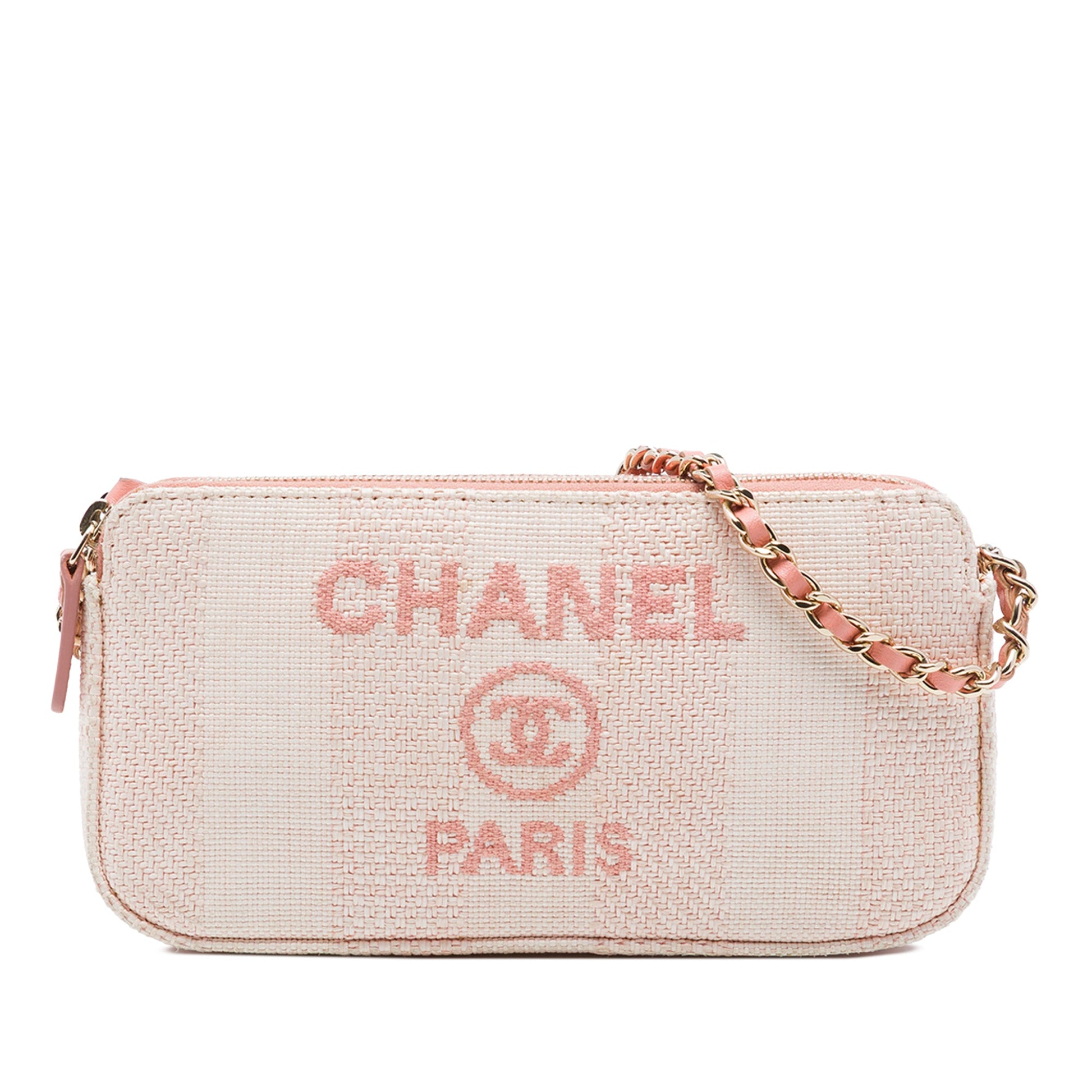 Chanel Raffia Deauville Double Zip Clutch with Chain