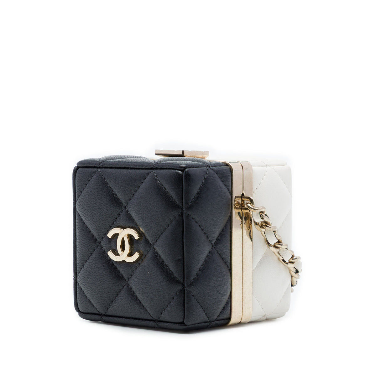 Chanel Bicolor Quilted Lambskin Cube Clutch with Chain