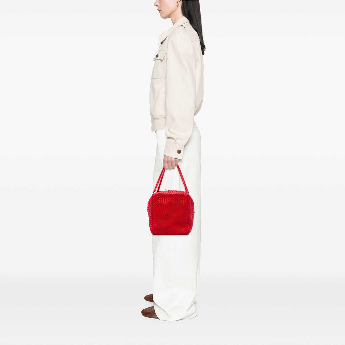 Bottega Veneta Nappa Intrecciato Cube Shoulder Bag — Red