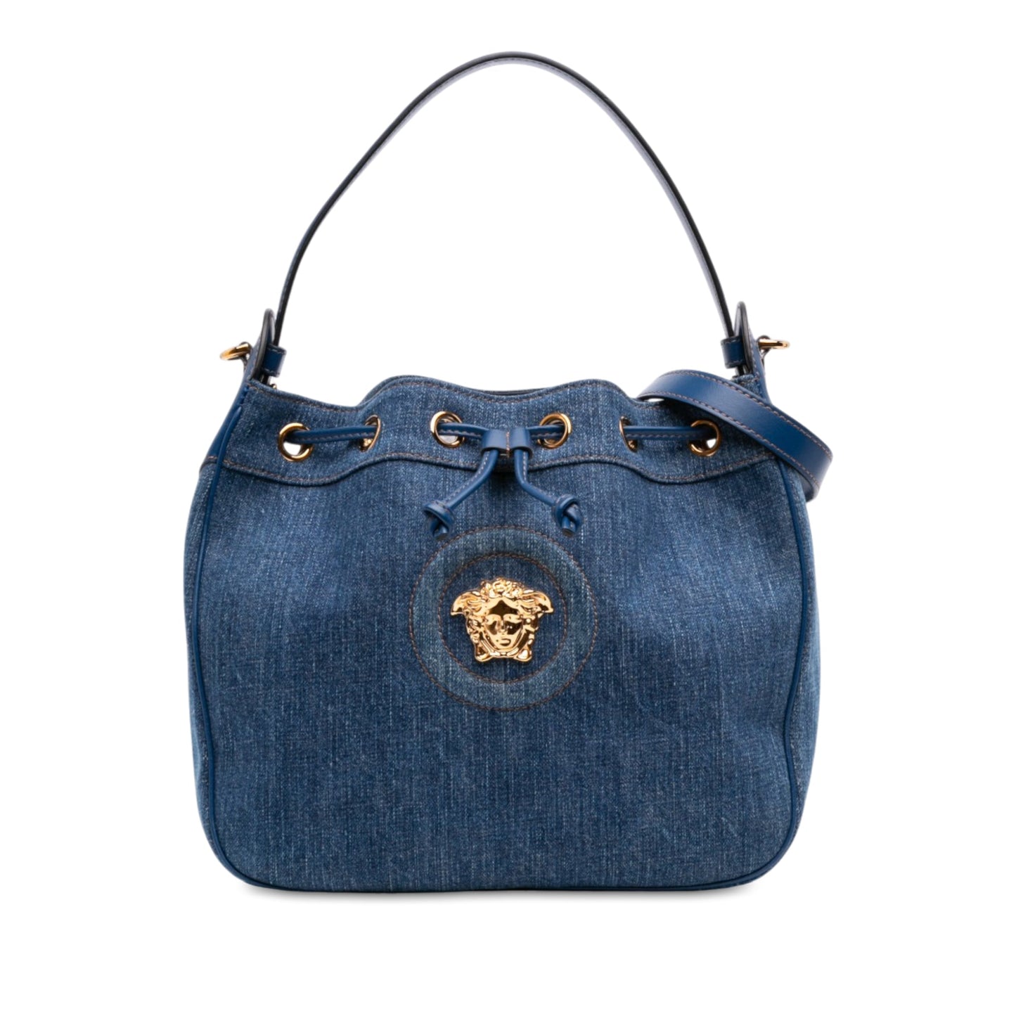 Versace Denim La Medusa Drawstring Bucket Bag
