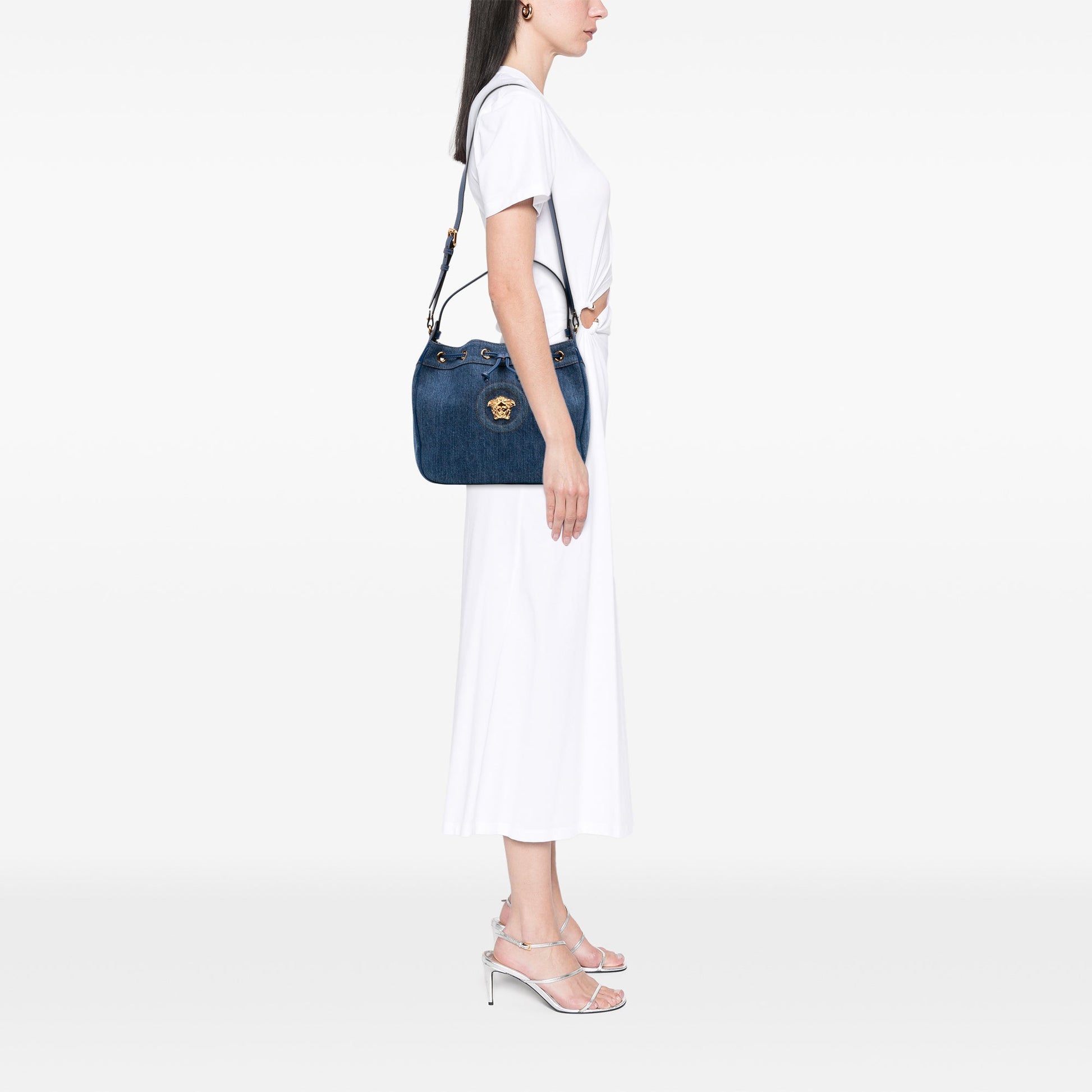 Versace Denim La Medusa Drawstring Bucket Bag