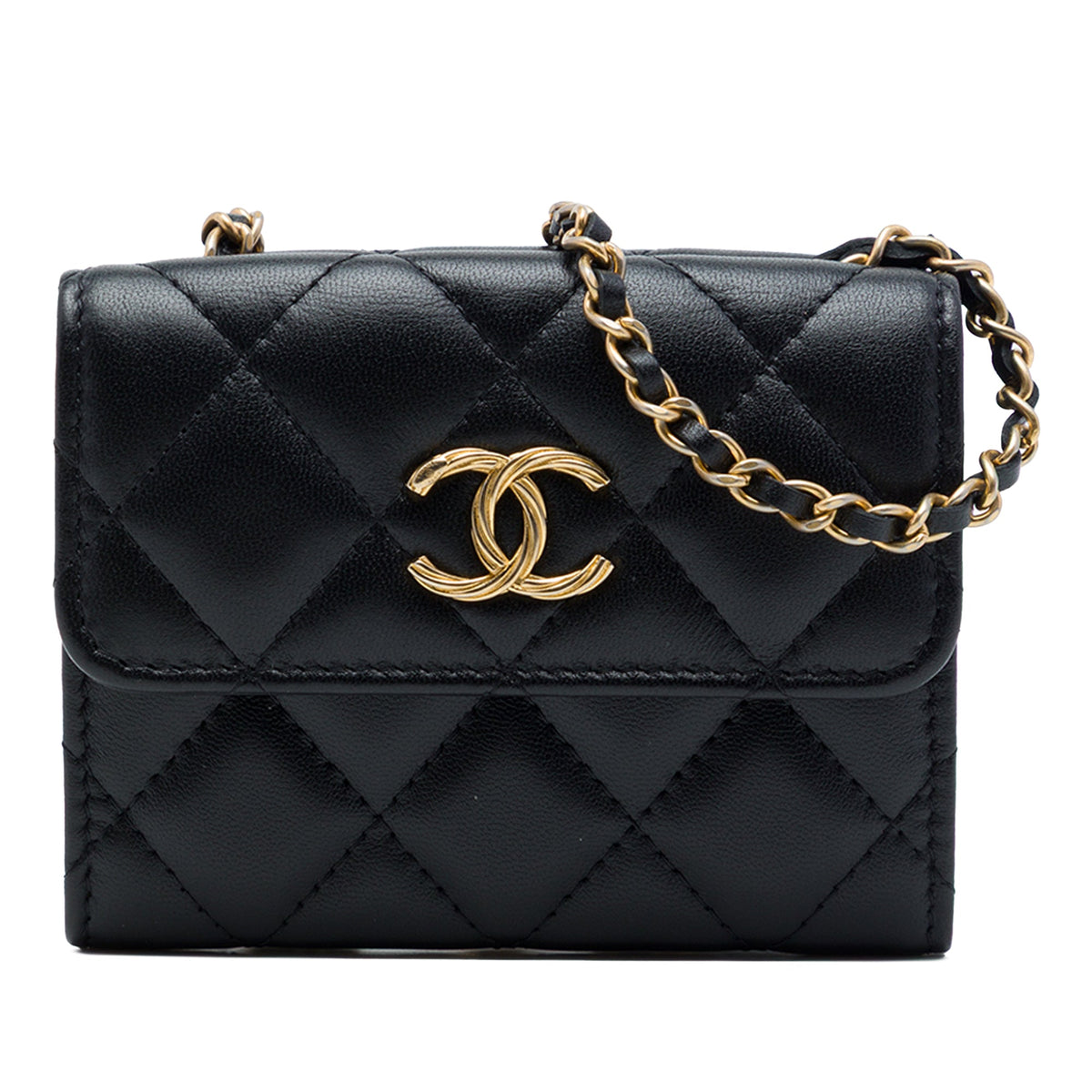 Chanel CC Quilted Lambskin Card Holder with Padded Chain Strap — Black
