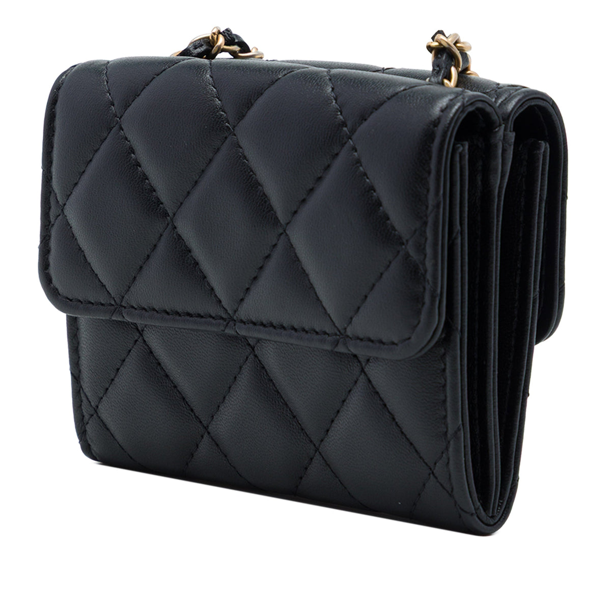 Chanel CC Quilted Lambskin Card Holder with Padded Chain Strap — Black