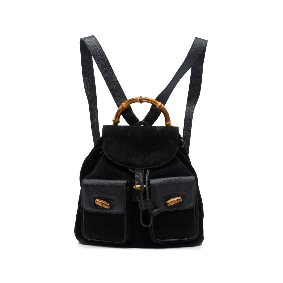 Gucci Large Suede Bamboo Drawstring Backpack — Black