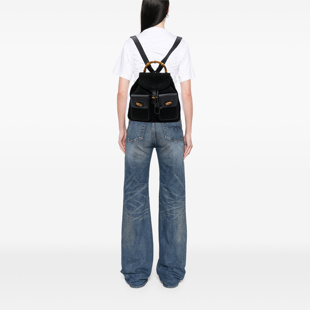 Gucci Large Suede Bamboo Drawstring Backpack — Black