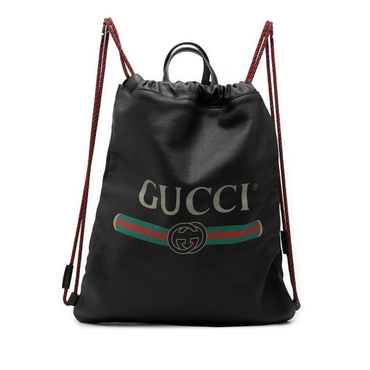 Gucci Leather Logo Drawstring Backpack