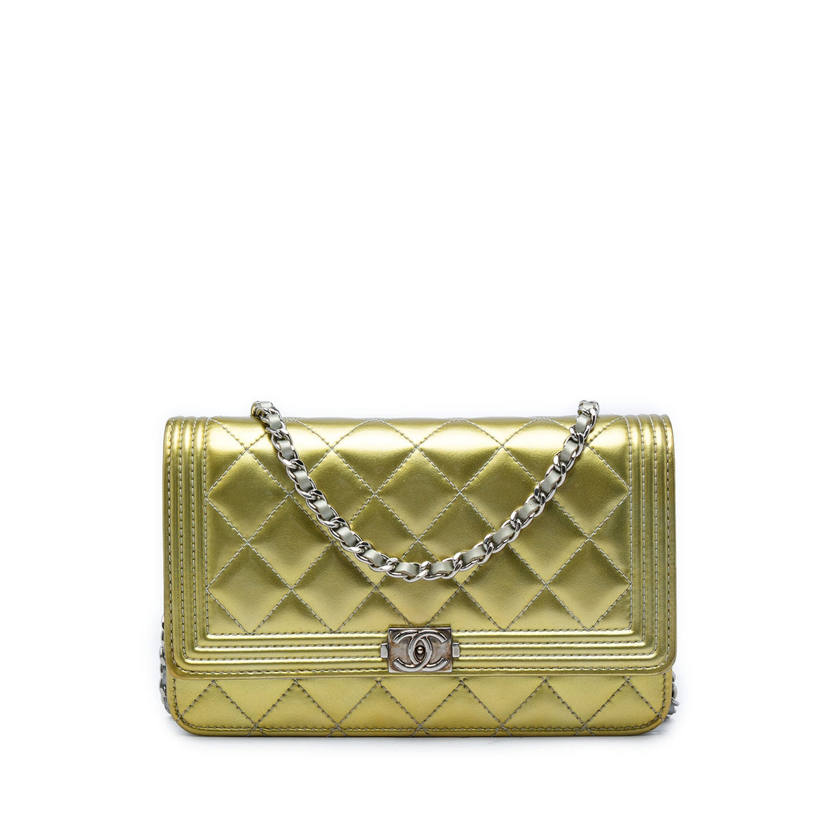 Chanel Bicolor Quilted Metallic Patent Boy Wallet on Chain — Gold