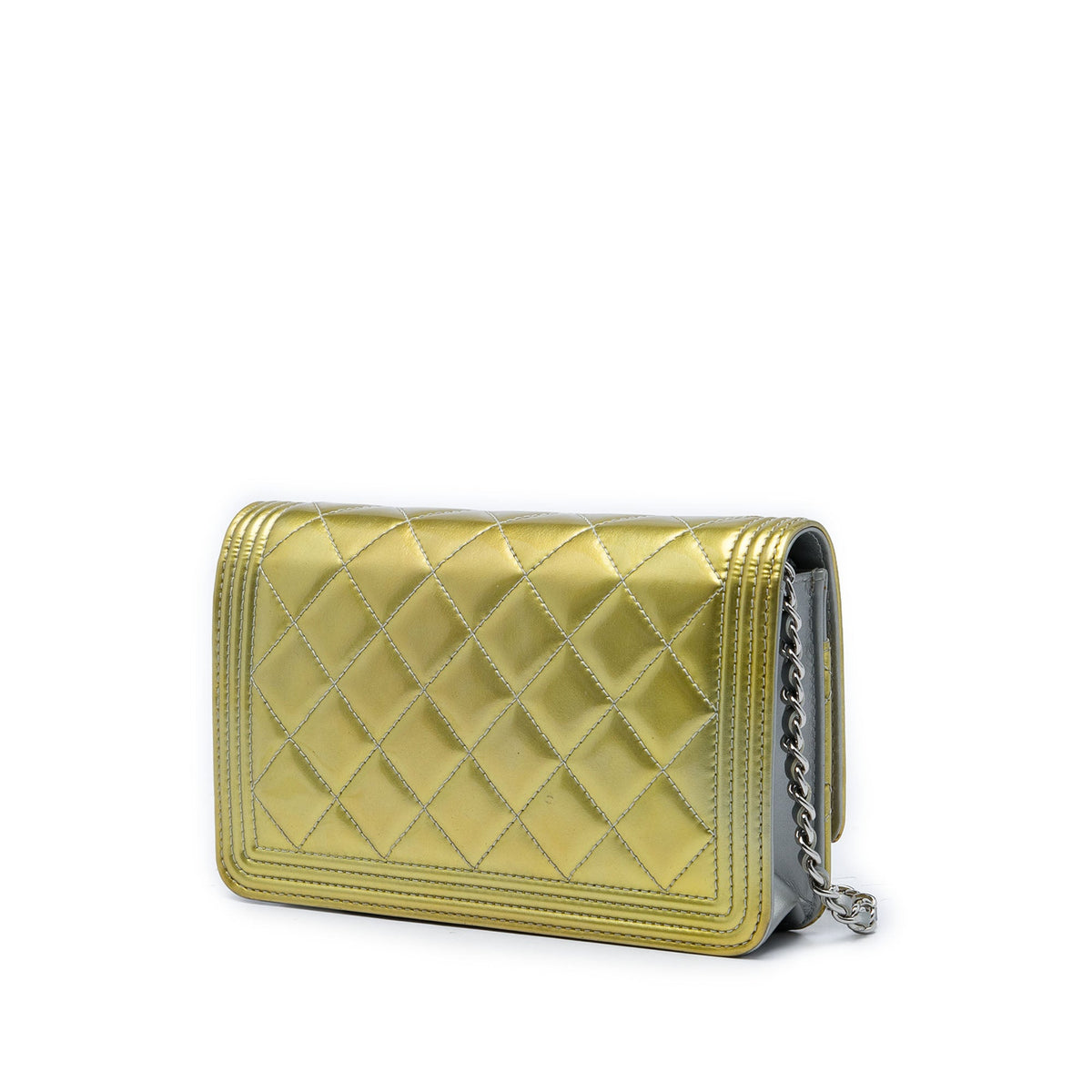 Chanel Bicolor Quilted Metallic Patent Boy Wallet on Chain — Gold