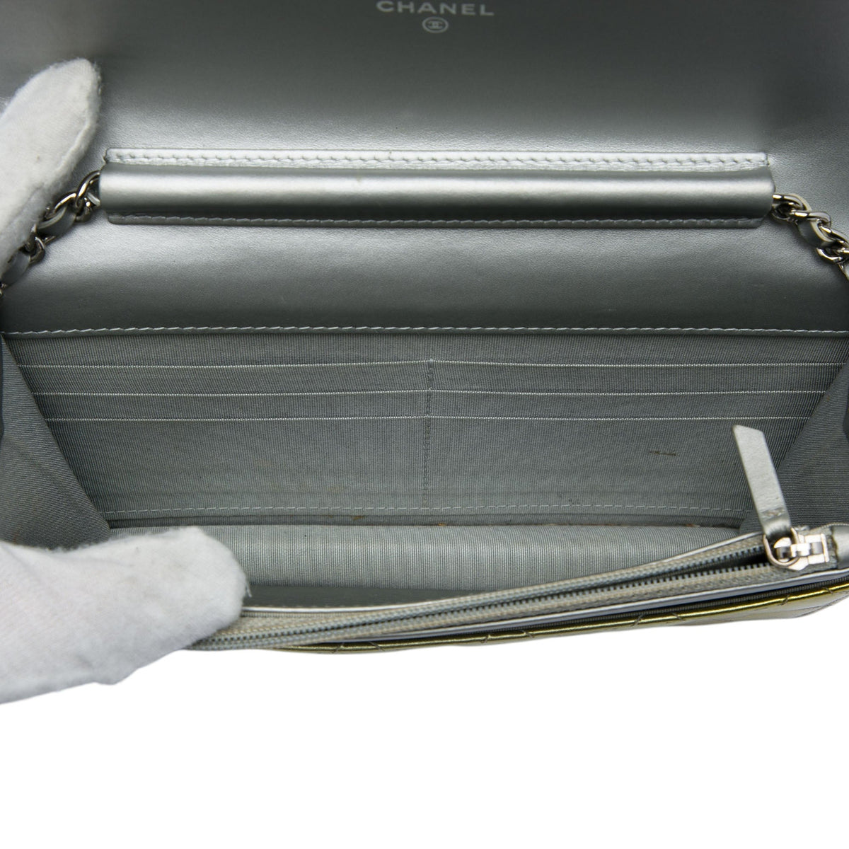 Chanel Bicolor Quilted Metallic Patent Boy Wallet on Chain — Gold